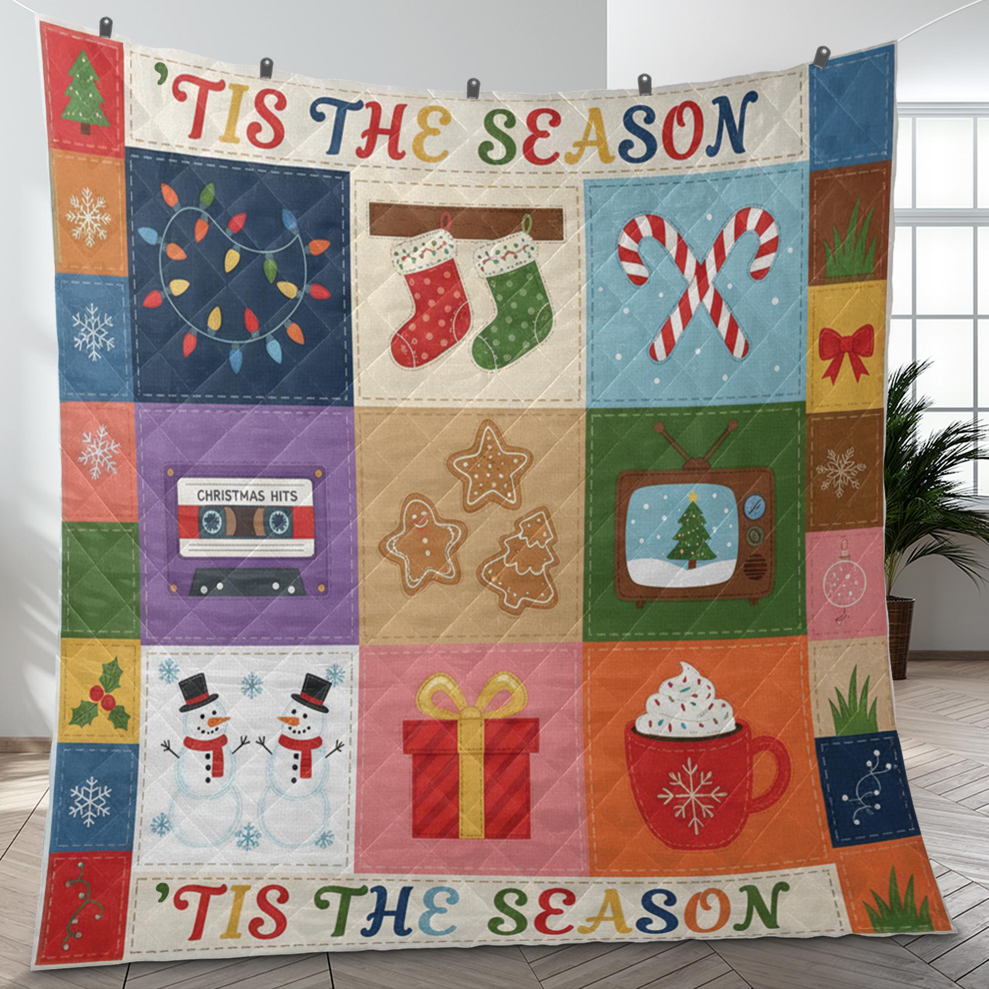 Christmas Quilt Blanket: "'Tis the Season" Slogan, Retro Holiday Illustrations, Patchwork Style image 1