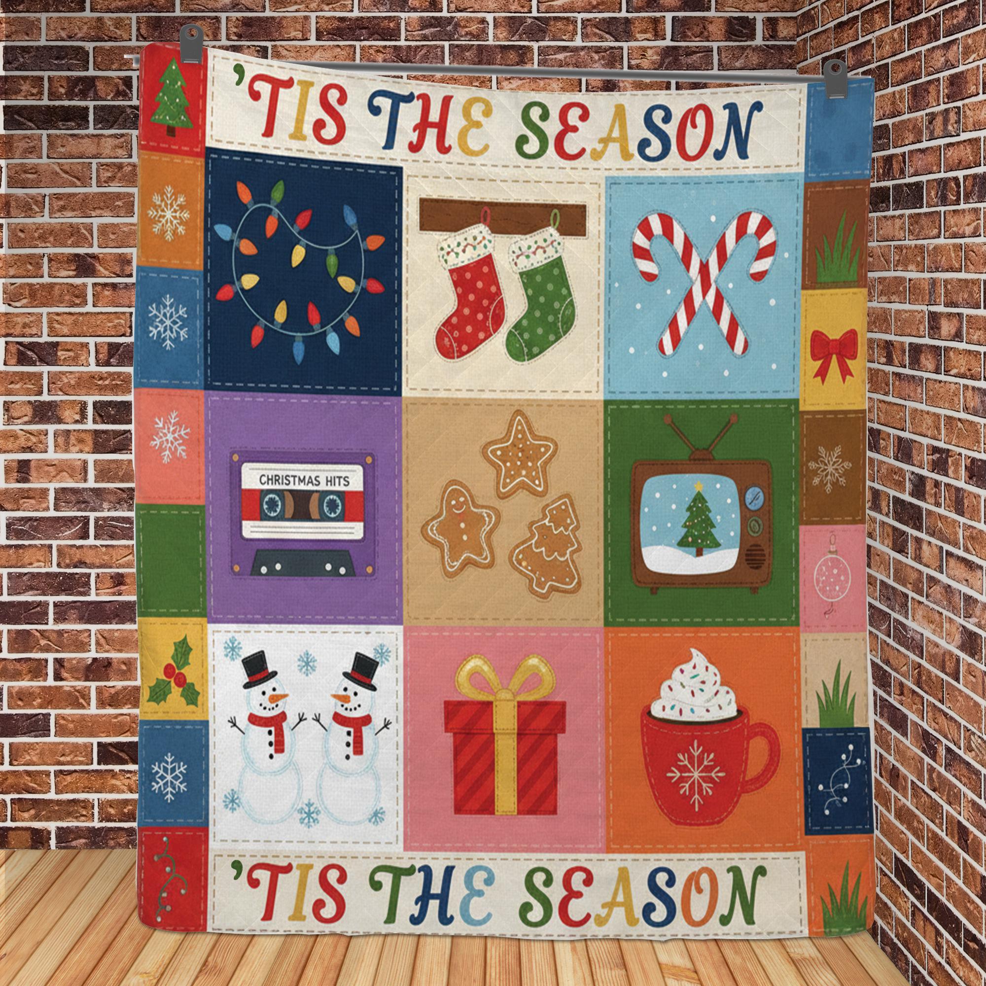 Christmas Quilt Blanket: "'Tis the Season" Slogan, Retro Holiday Illustrations, Patchwork Style image 3