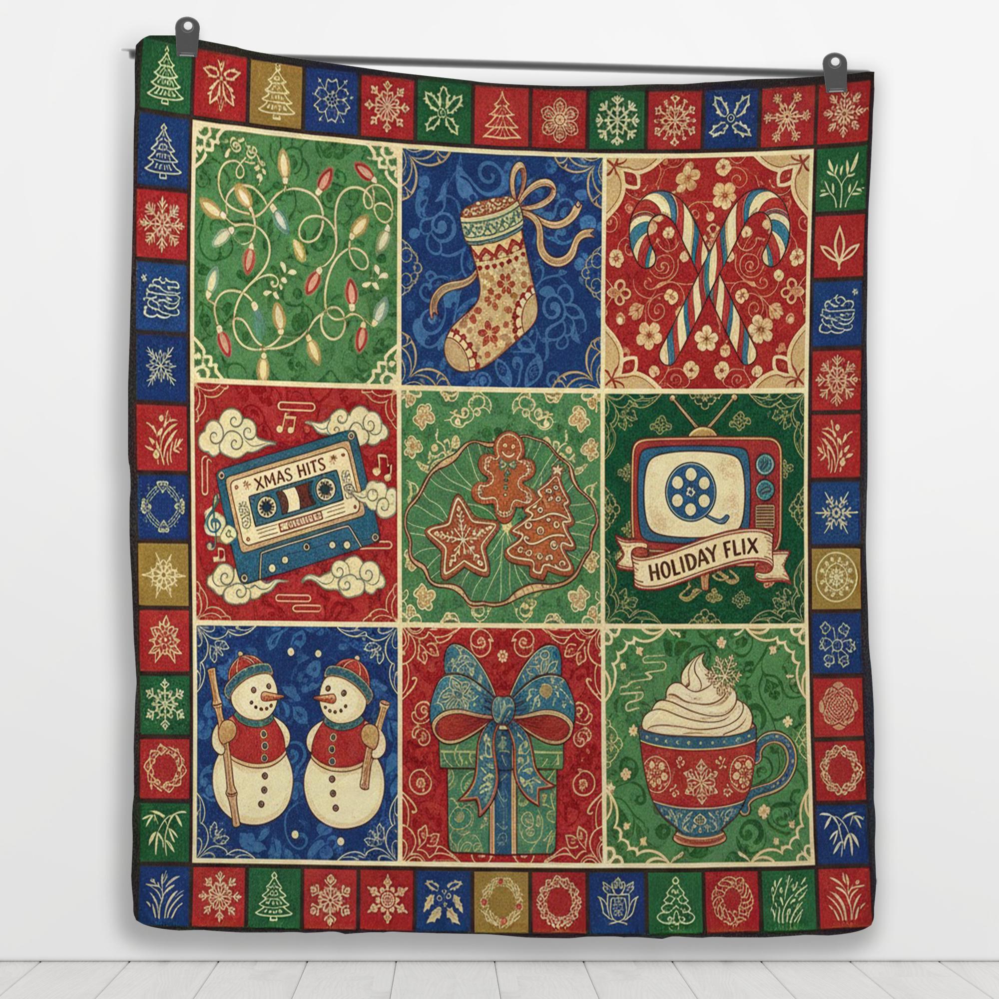 Christmas Quilt Blanket: Retro Holiday Theme, Vintage Patchwork Style, "Holiday Flix" Illustration image 4