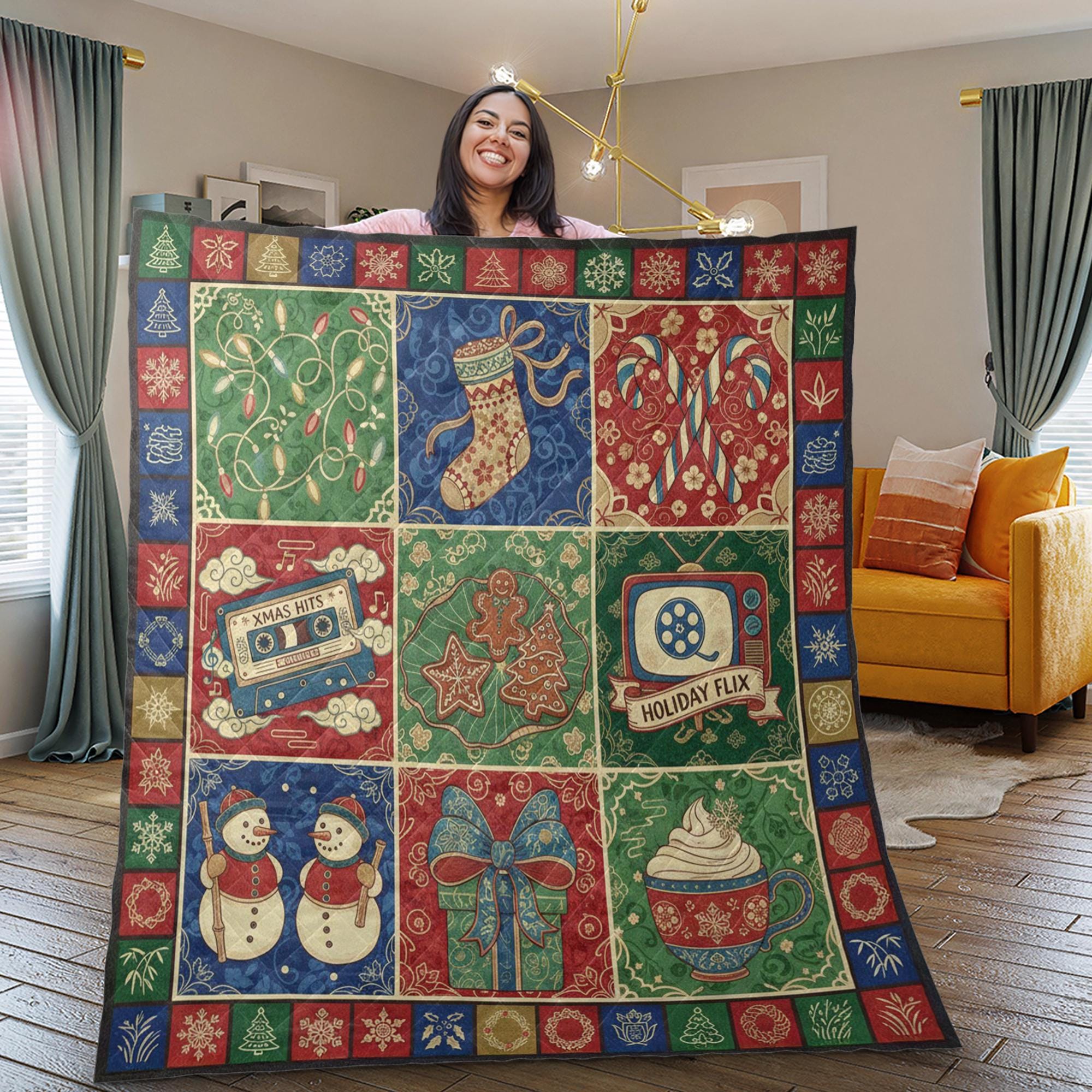 Christmas Quilt Blanket: Retro Holiday Theme, Vintage Patchwork Style, "Holiday Flix" Illustration image 5