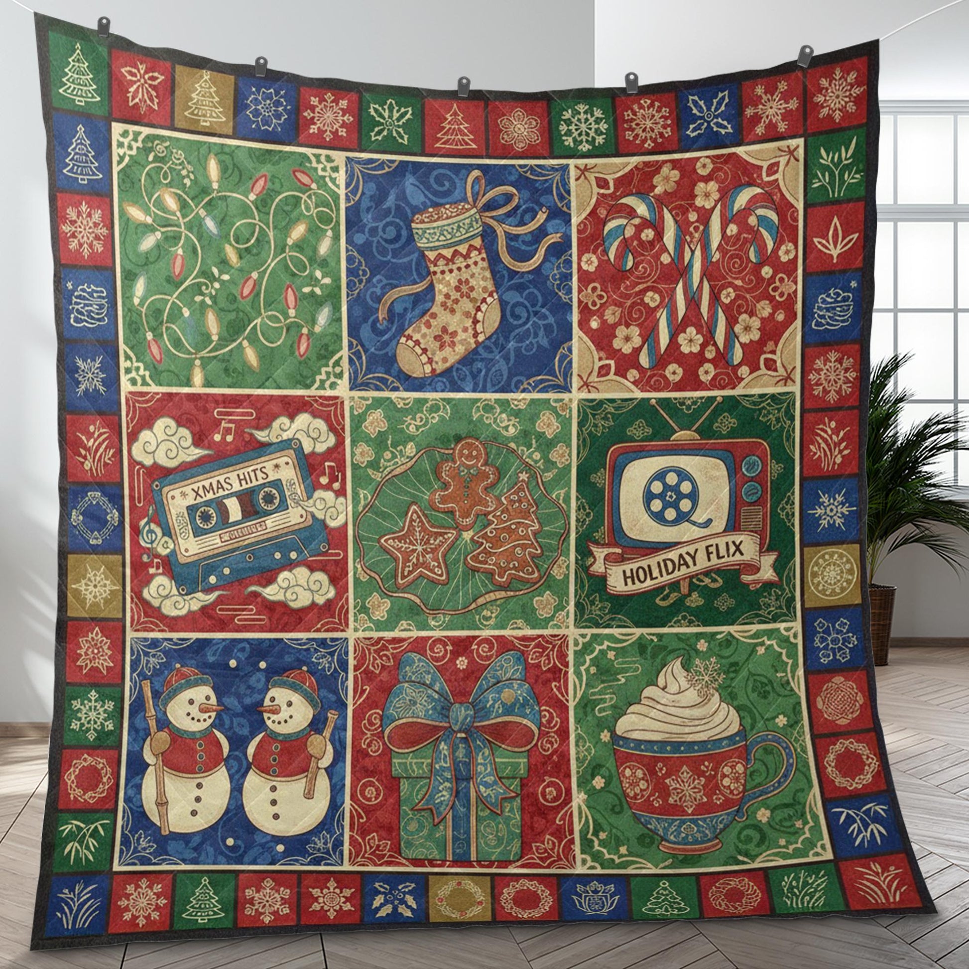 Christmas Quilt Blanket: Retro Holiday Theme, Vintage Patchwork Style, "Holiday Flix" Illustration image 3