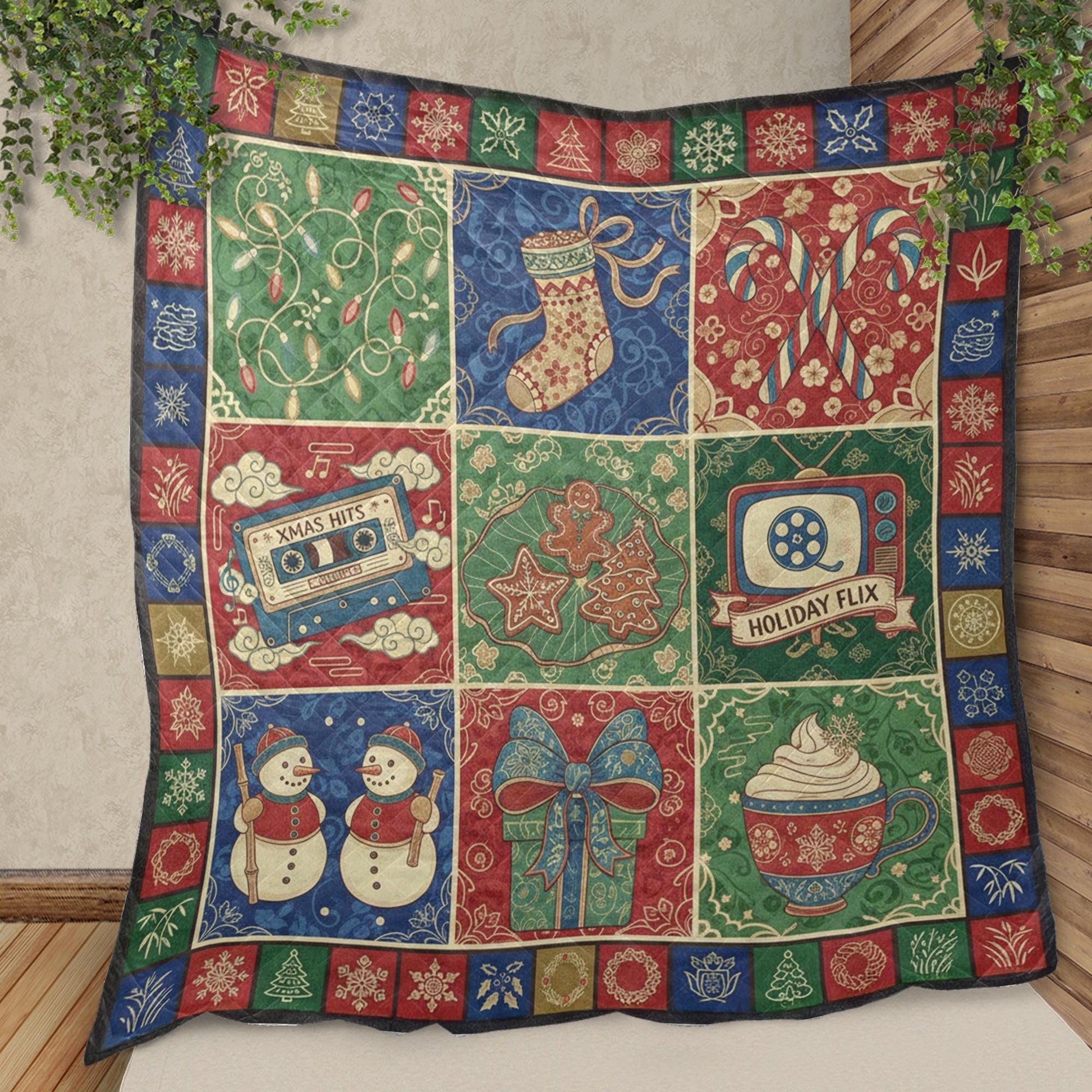 Christmas Quilt Blanket: Retro Holiday Theme, Vintage Patchwork Style, "Holiday Flix" Illustration image 2