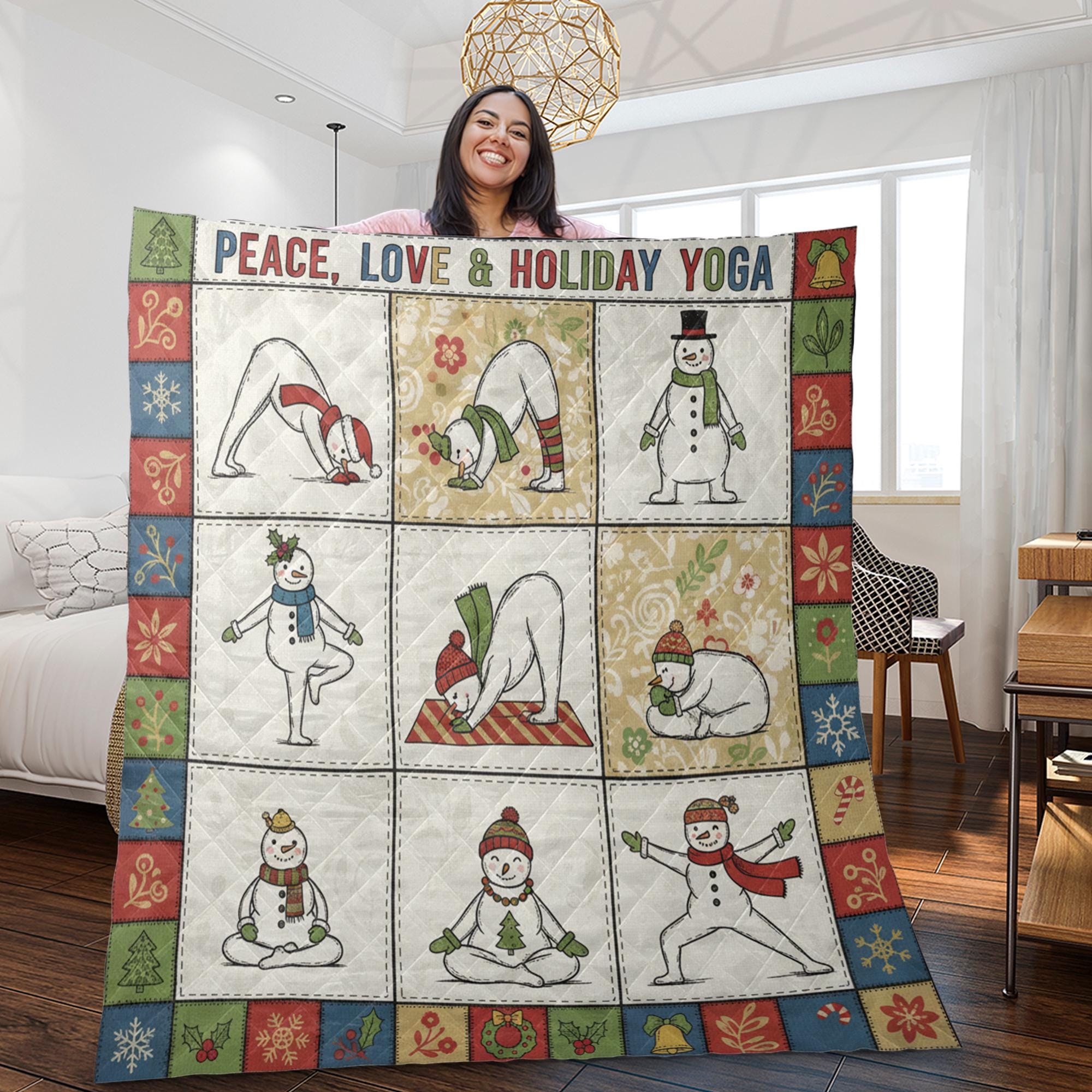 Yoga Quilt Blanket: "Peace Love Holiday Yoga" Slogan, Snowman Polar Bear, Christmas Patchwork Style image 1