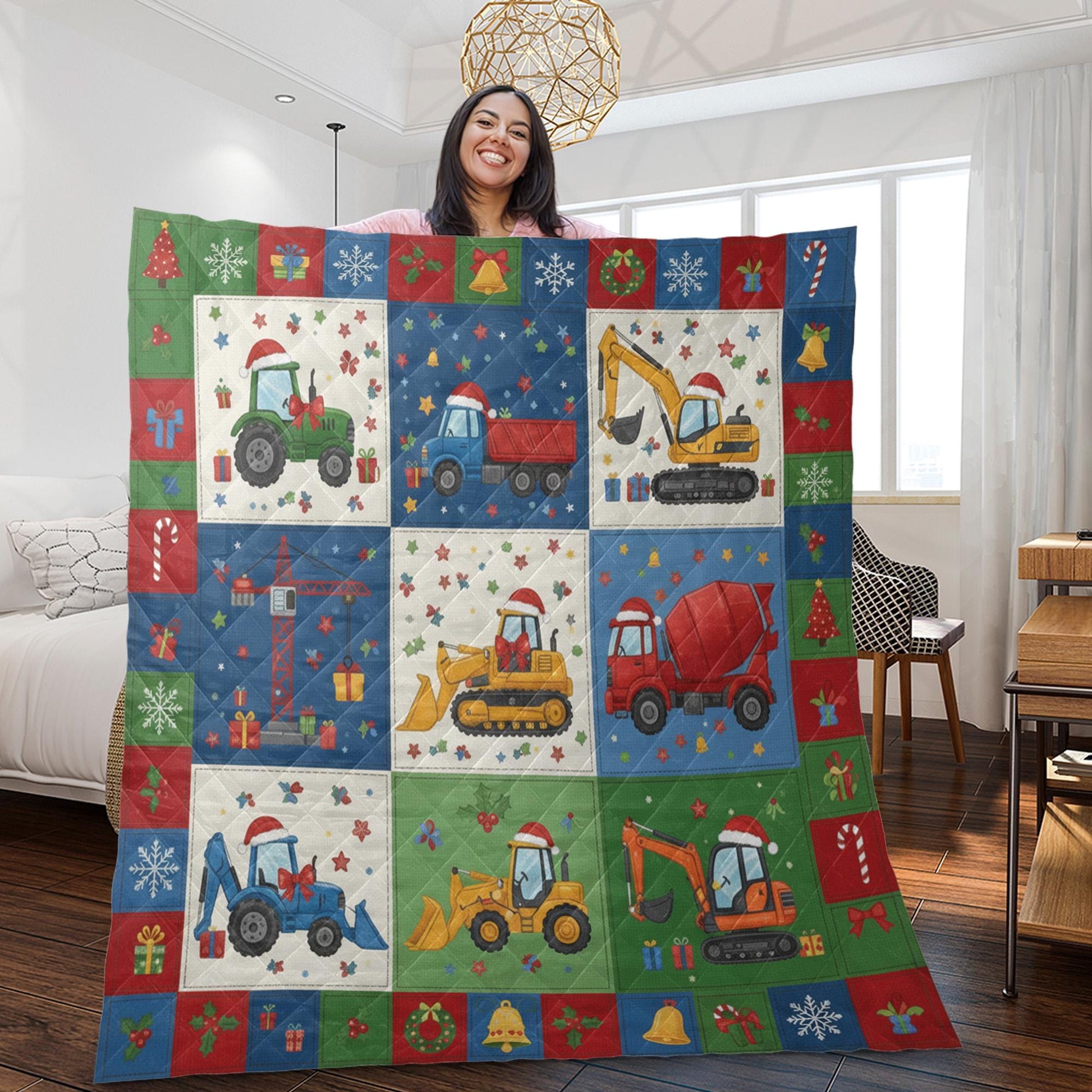 Construction Vehicle Quilt Blanket: Christmas Theme, Tractor Excavator, Patchwork Style image 4