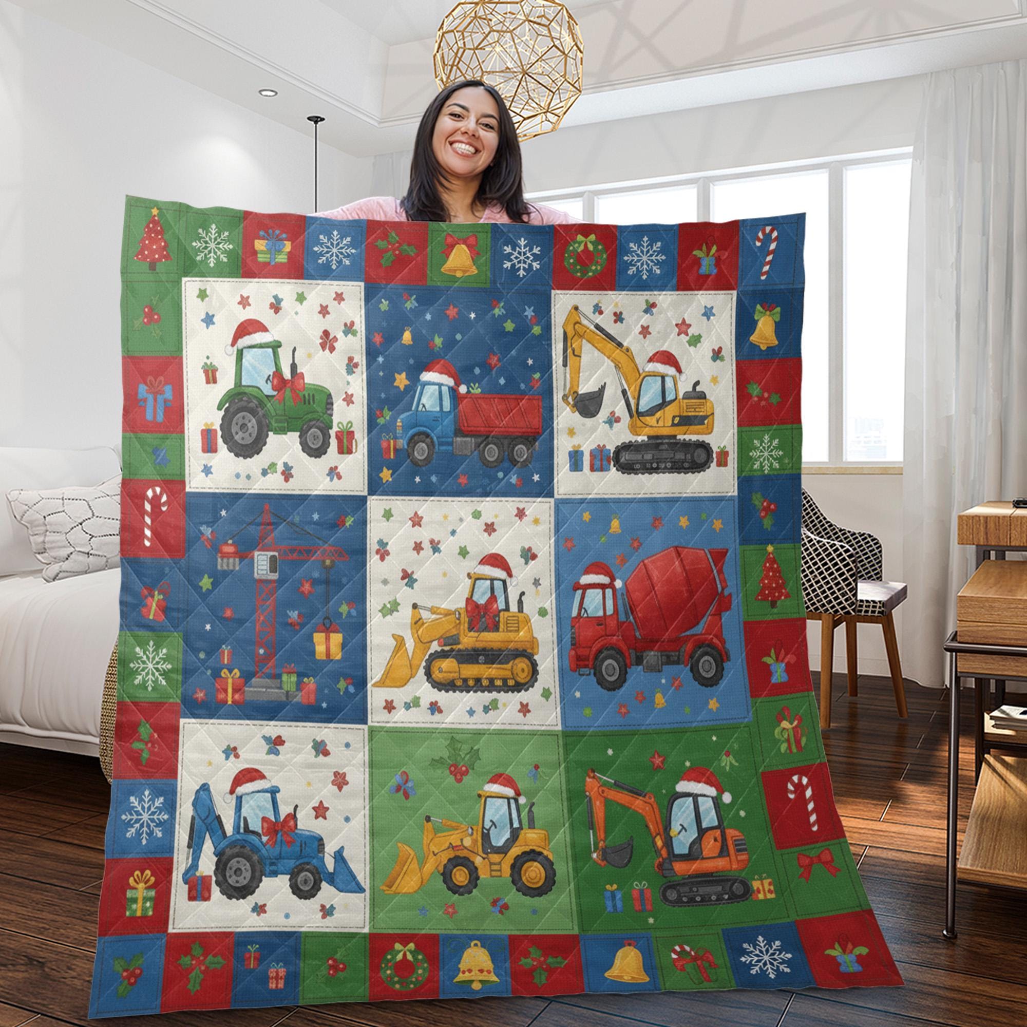 Construction Vehicle Quilt Blanket: Christmas Theme, Tractor Excavator, Patchwork Style image 4