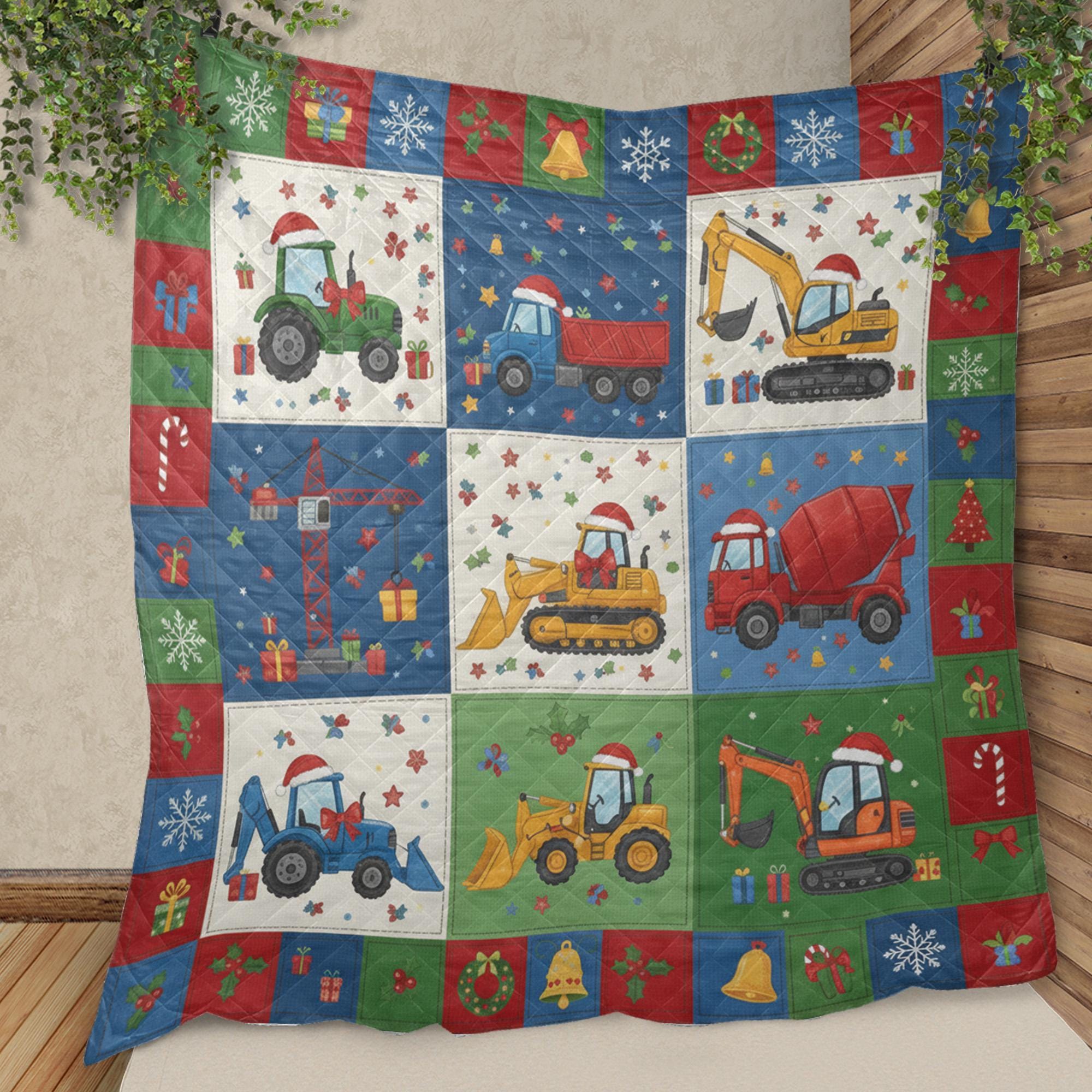 Construction Vehicle Quilt Blanket: Christmas Theme, Tractor Excavator, Patchwork Style image 7