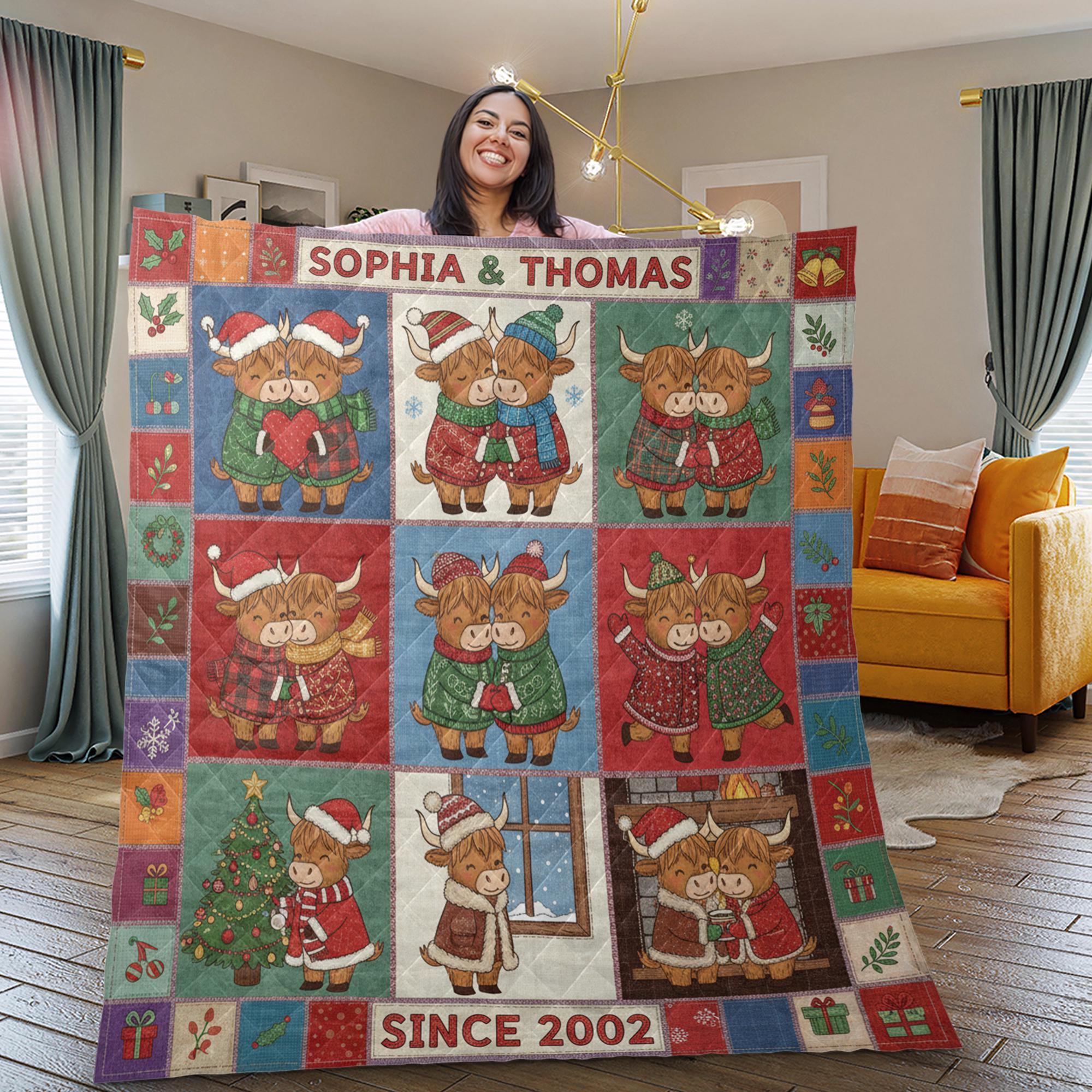 Personalized Highland Cow Quilt: Christmas Couple Theme, Patchwork Style, Custom Names image 1