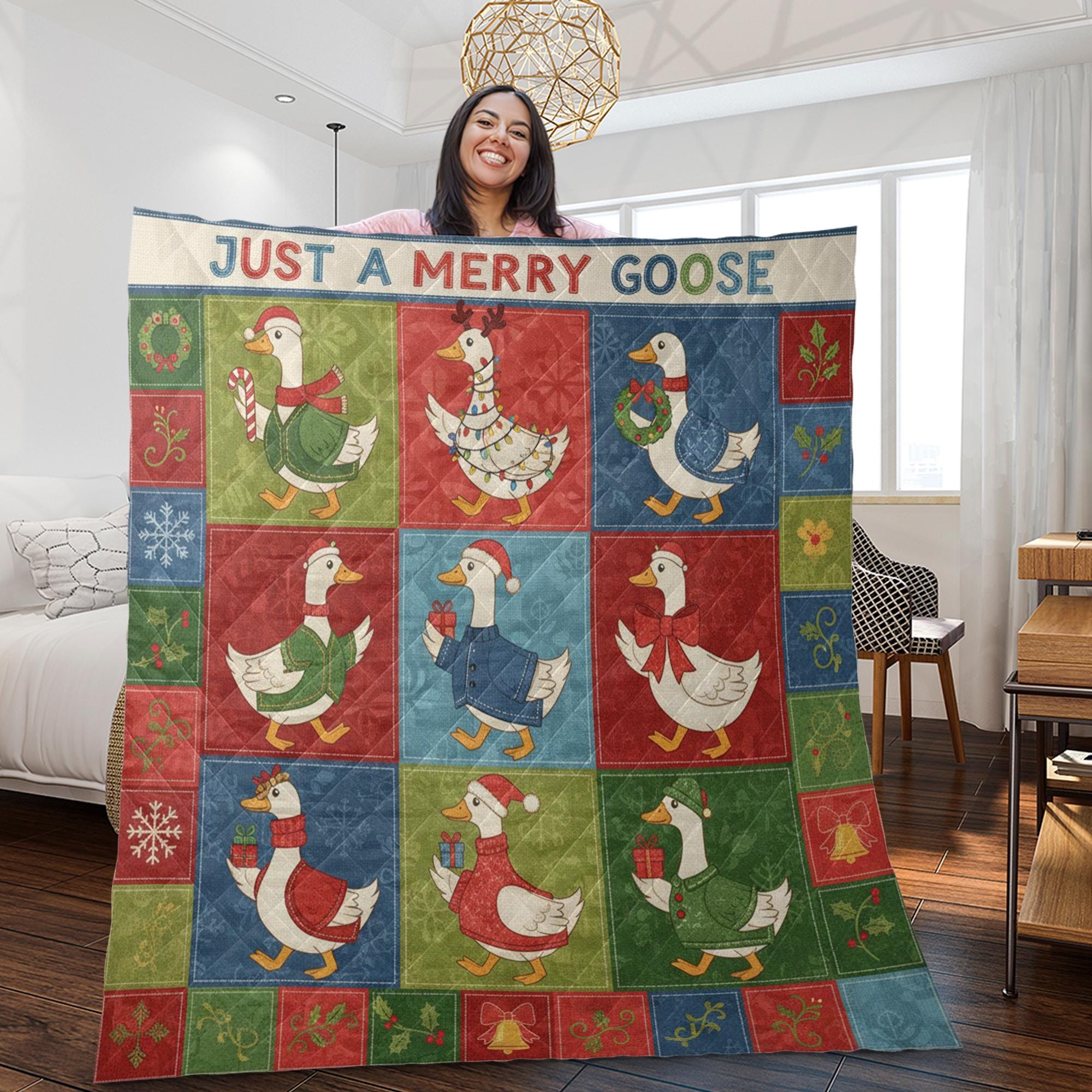 Goose Quilt Blanket: "Just a Merry Goose" Slogan, Christmas Theme, Patchwork Style image 2