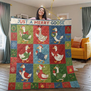 Goose Quilt Blanket: "Just a Merry Goose" Slogan, Christmas Theme, Patchwork Style image 1