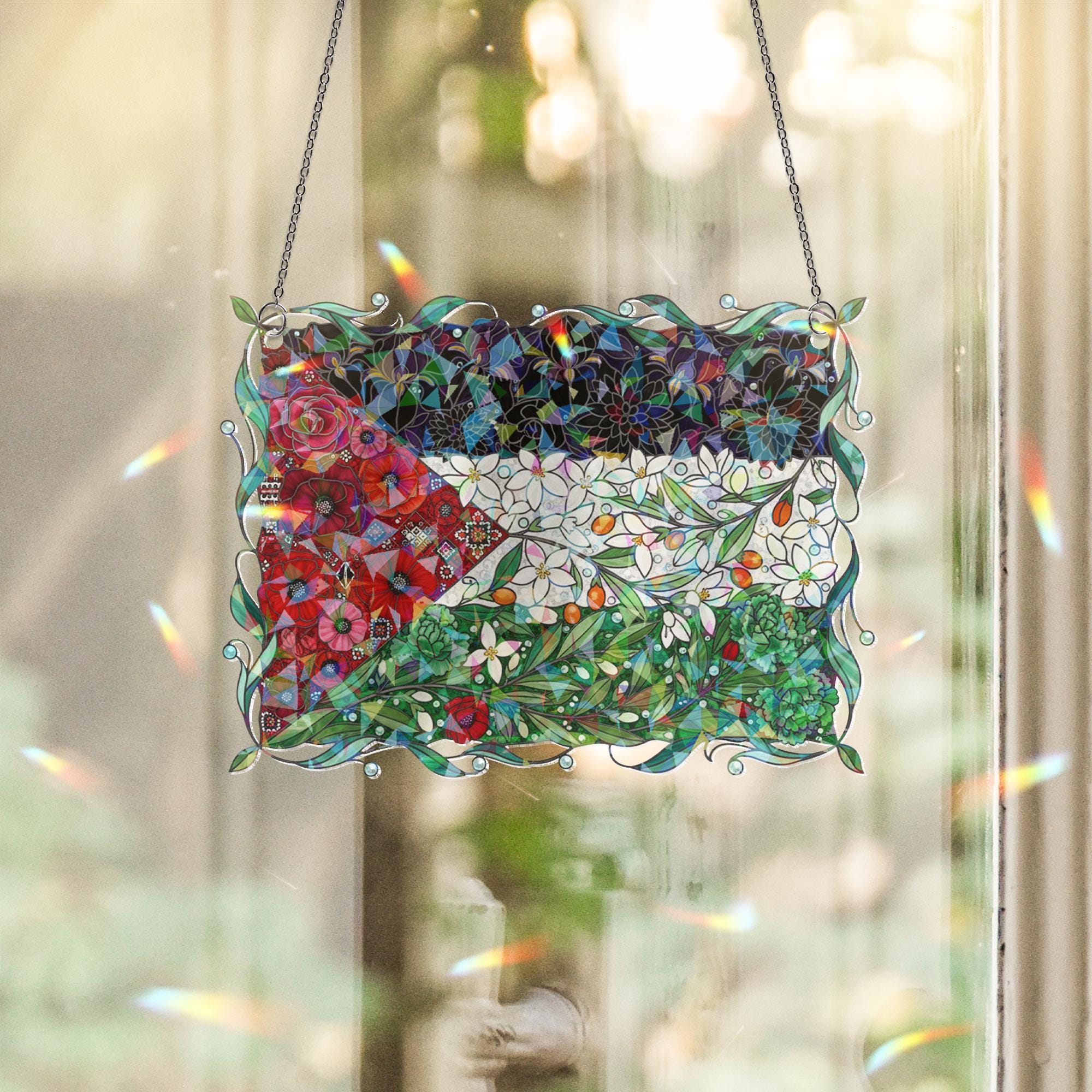 Floral Palestinian Flag Holographic Acrylic Suncatcher: Palestinian Window hanging image 1