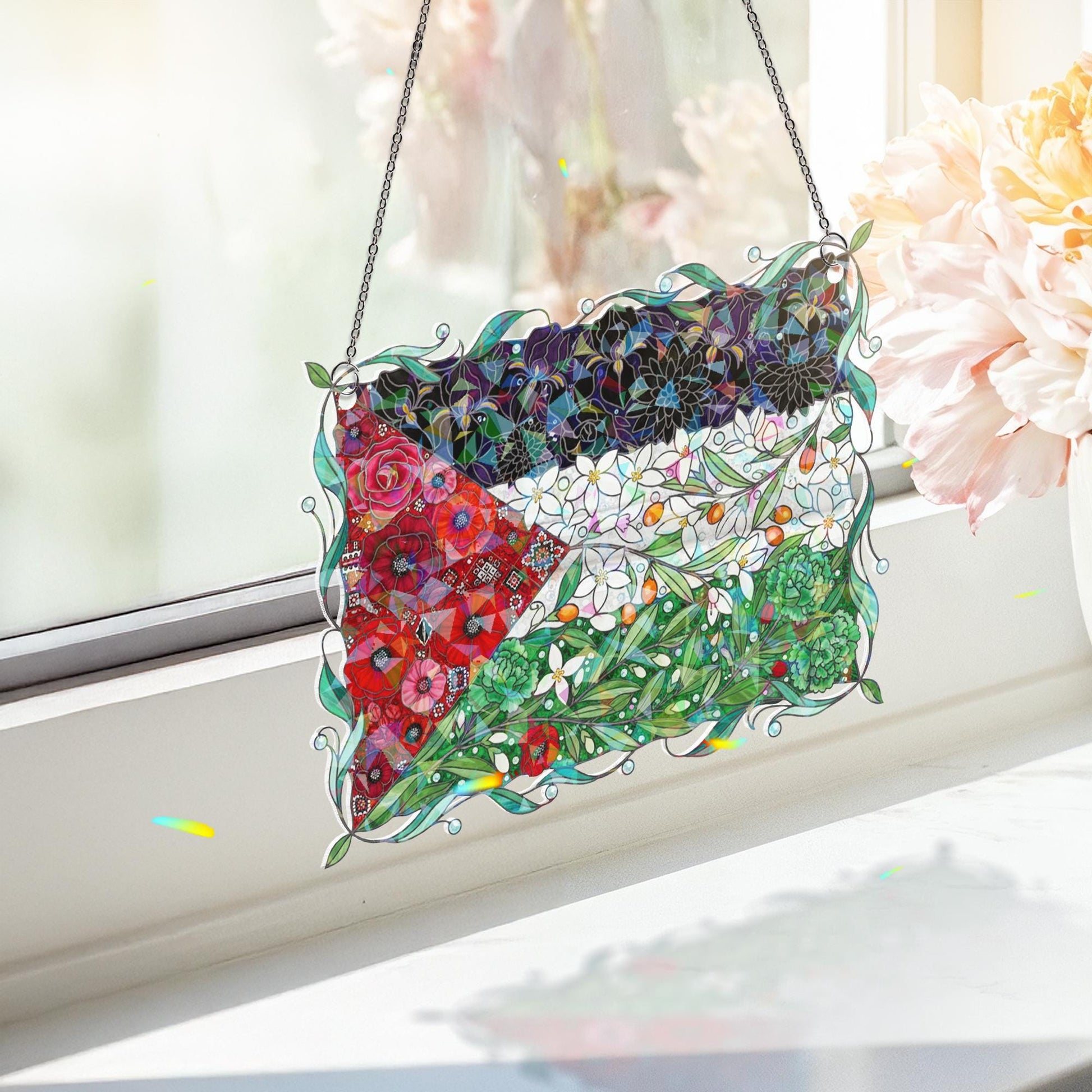 Floral Palestinian Flag Holographic Acrylic Suncatcher: Palestinian Window hanging image 2