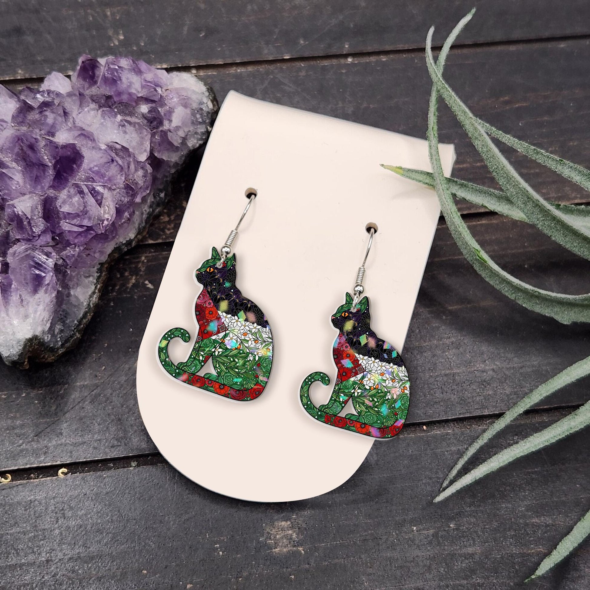 Floral Palestine Flag Cat Earrings: Acrylic Cat Mom Jewelry image 4