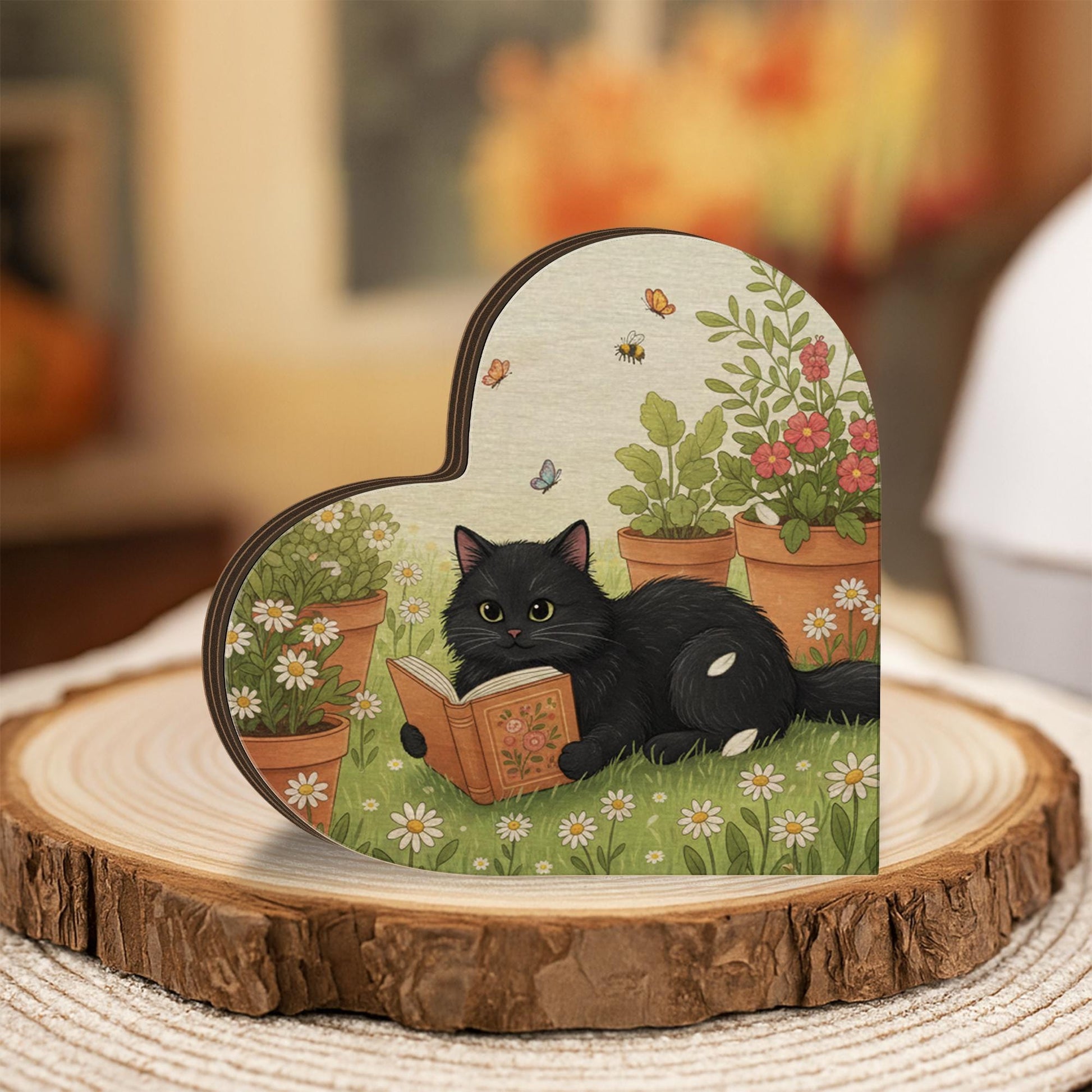 Wooden Heart Cat Block: Reading Garden Design, Black Cat Artwork, Nature Home Decoration image 2