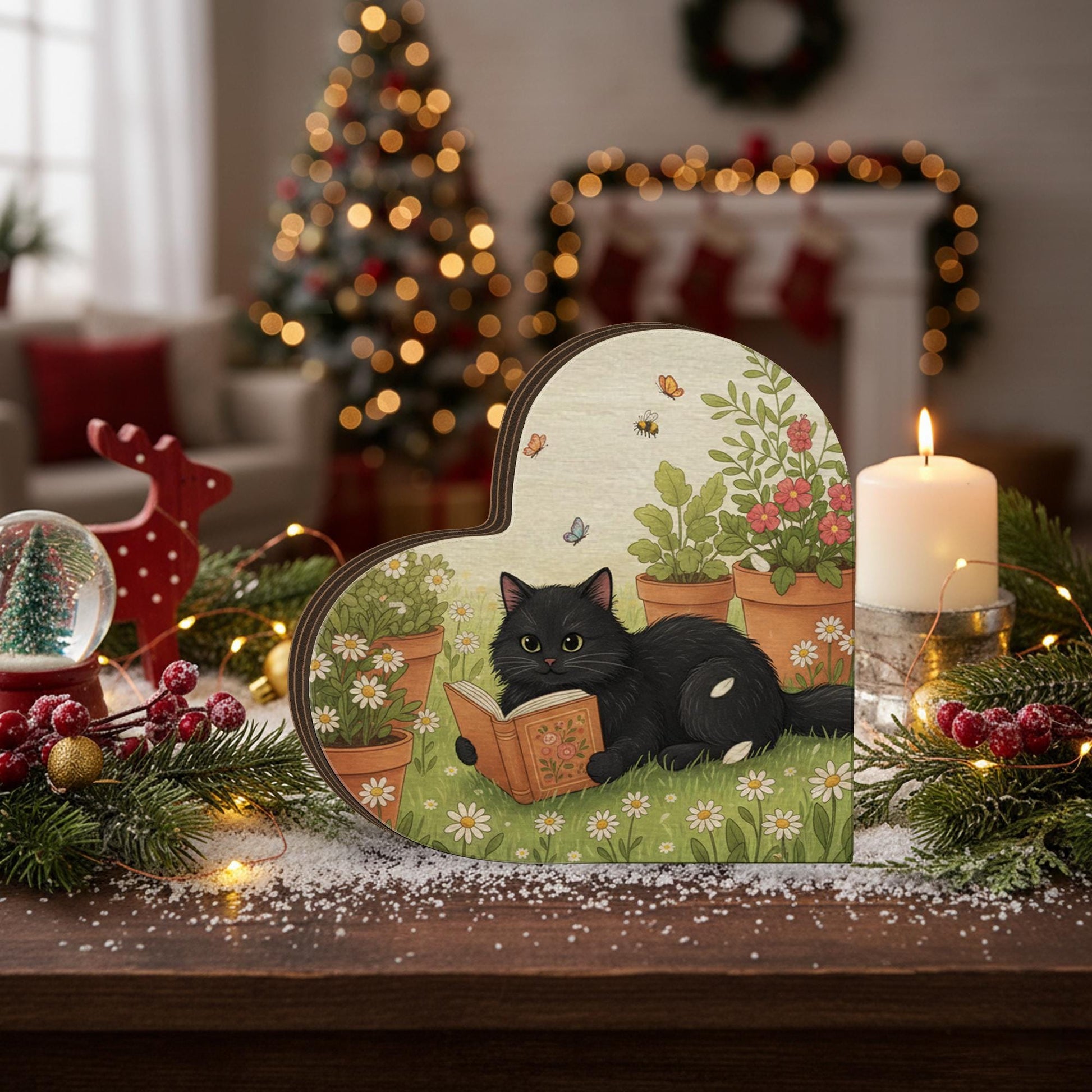 Wooden Heart Cat Block: Reading Garden Design, Black Cat Artwork, Nature Home Decoration image 3