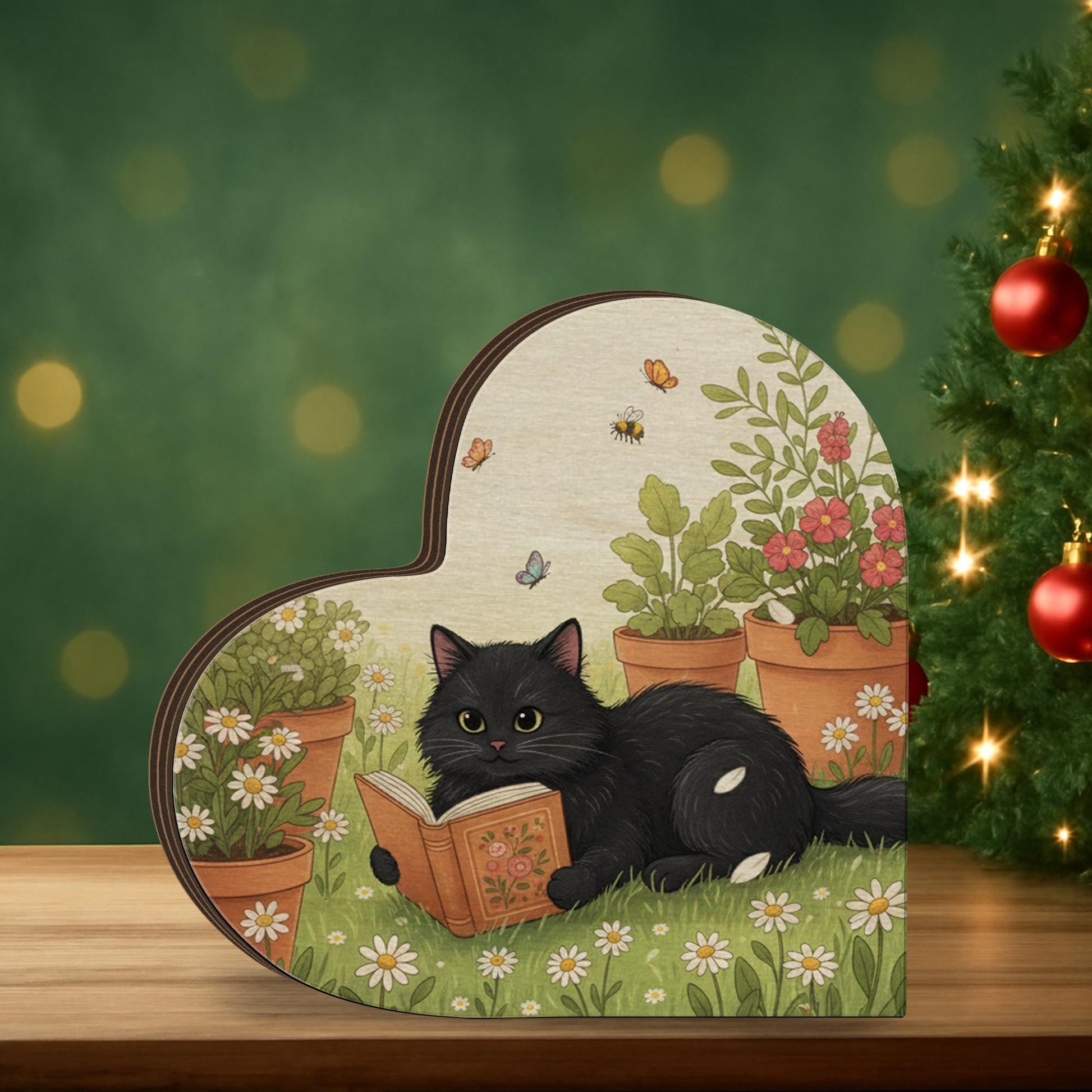 Wooden Heart Cat Block: Reading Garden Design, Black Cat Artwork, Nature Home Decoration image 4