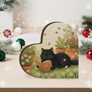 Wooden Heart Cat Block: Reading Garden Design, Black Cat Artwork, Nature Home Decoration image 1