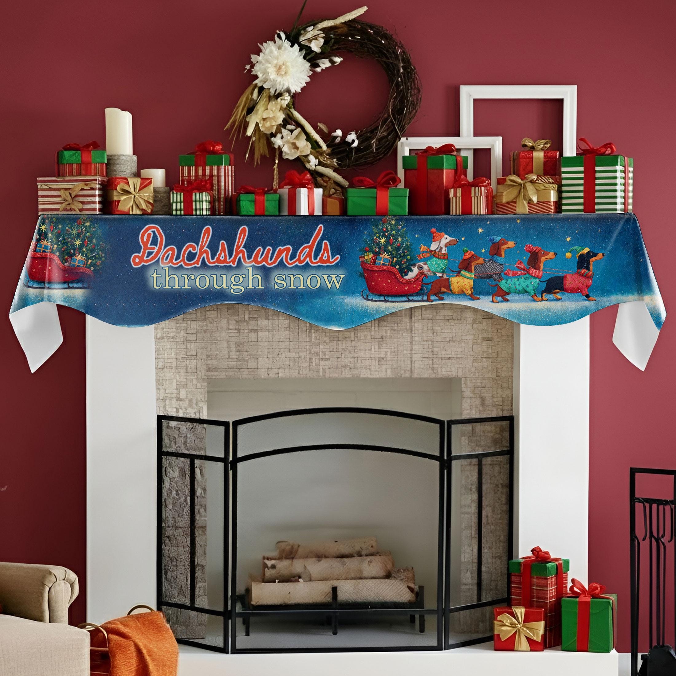 Dachshunds Through Snow Mantel Scarf: Christmas Fireplace Decor, Dog Lover Holiday Runner image 1