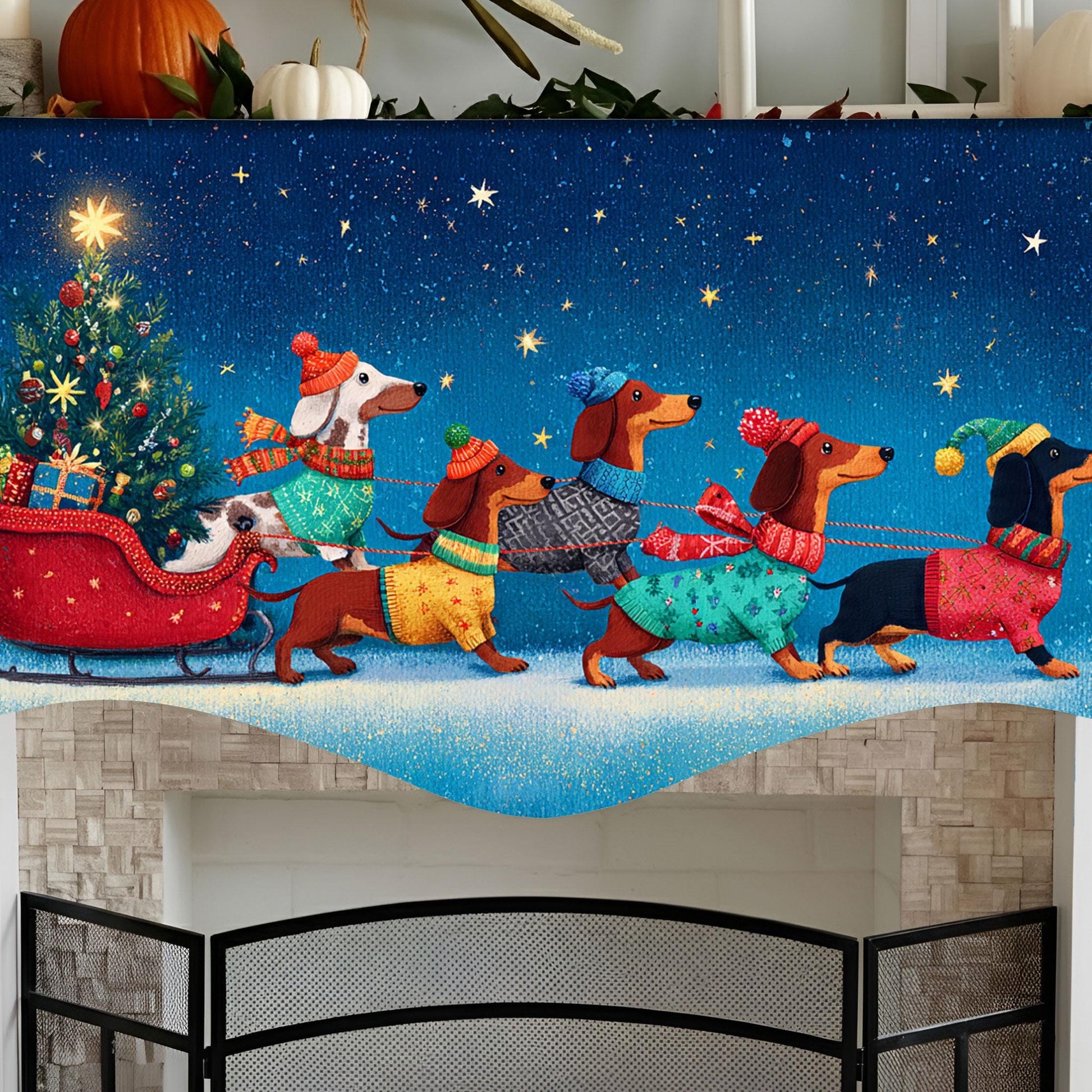 Dachshunds Through Snow Mantel Scarf: Christmas Fireplace Decor, Dog Lover Holiday Runner image 2