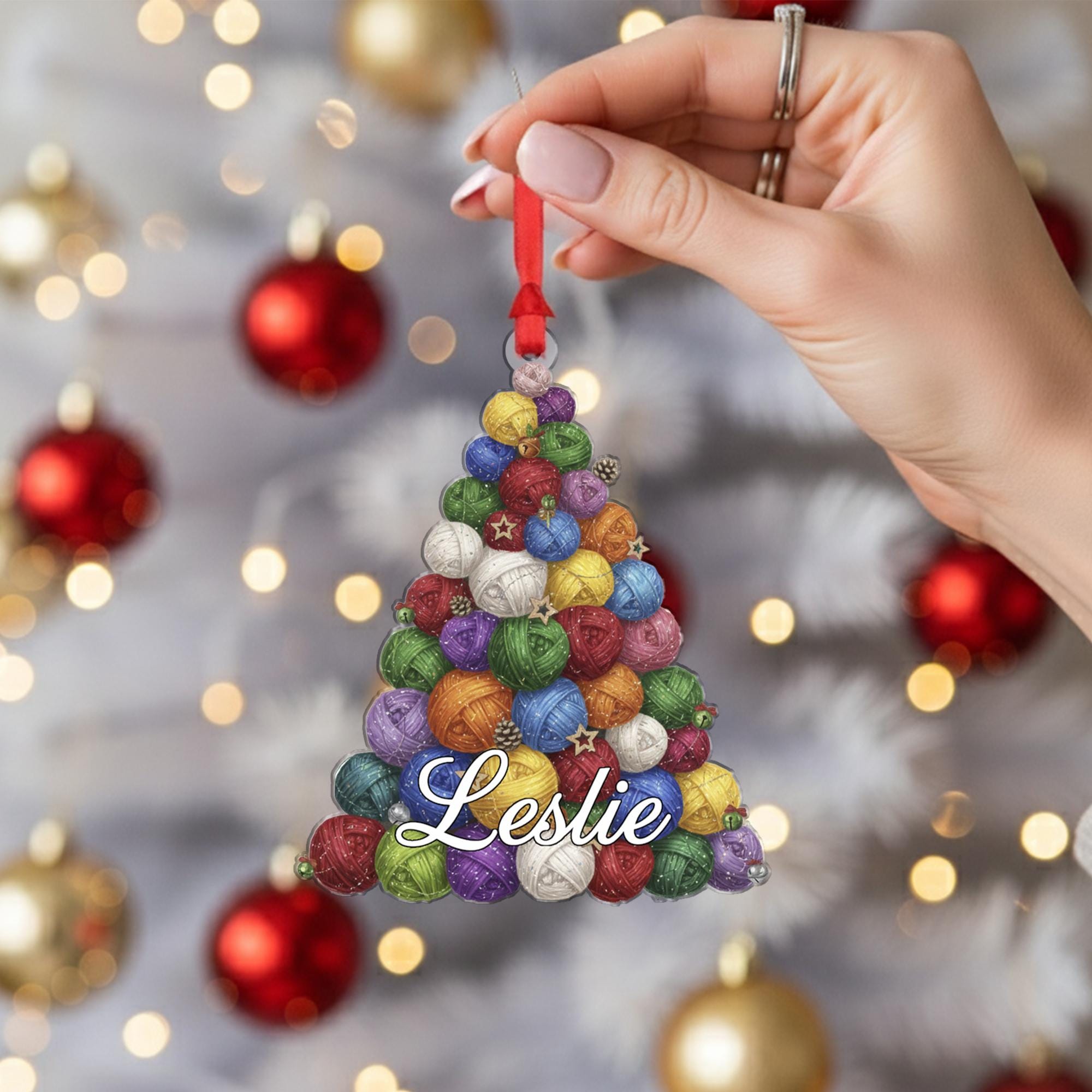Personalized Yarn Ball Ornament: 2D Flat Christmas Tree Design, Custom Name Knitting Decoration image 1
