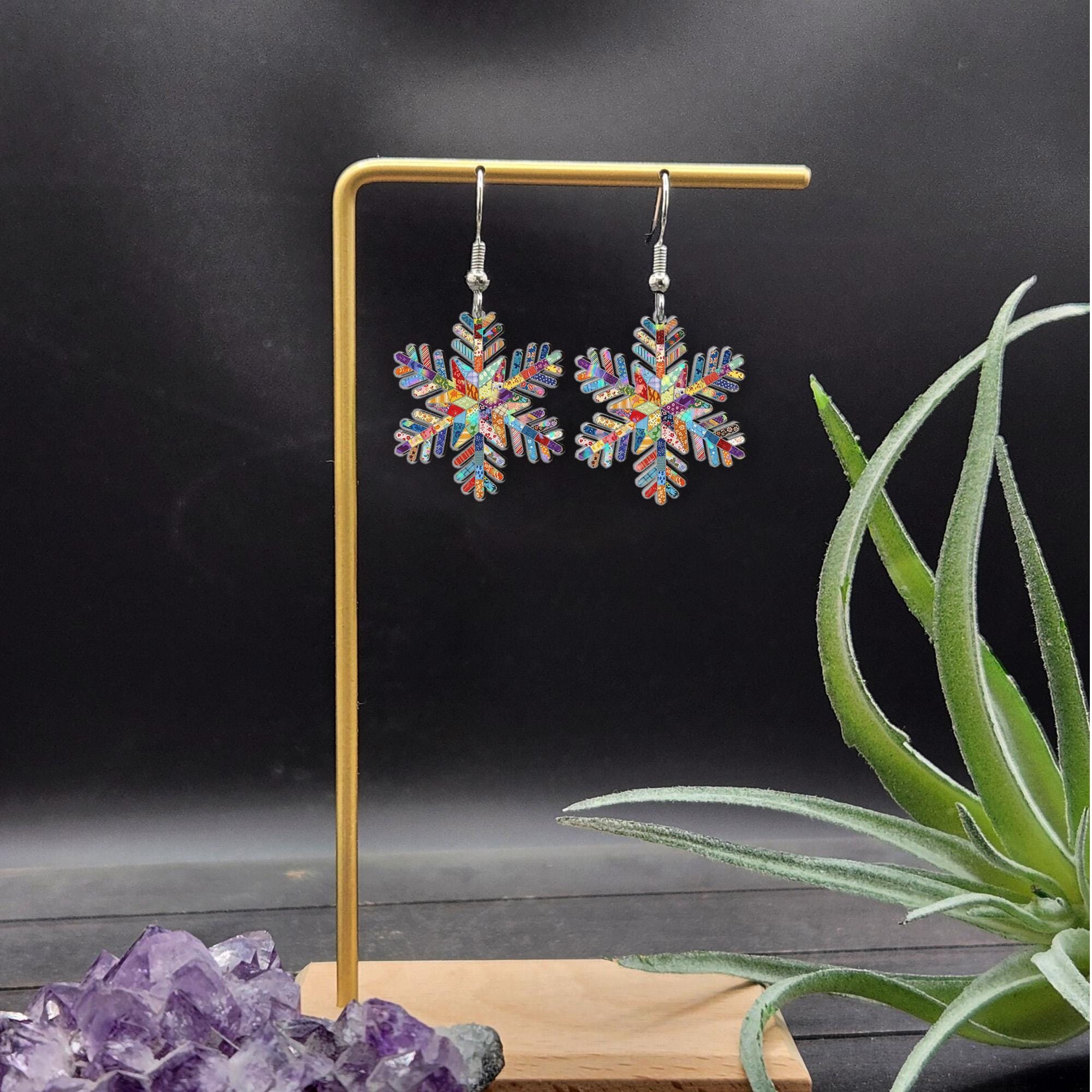 Faux Patchwork Snowflake Earrings: Acrylic Winter Jewelry, Colorful Pattern Design, Lightweight Holiday Accessory image 6