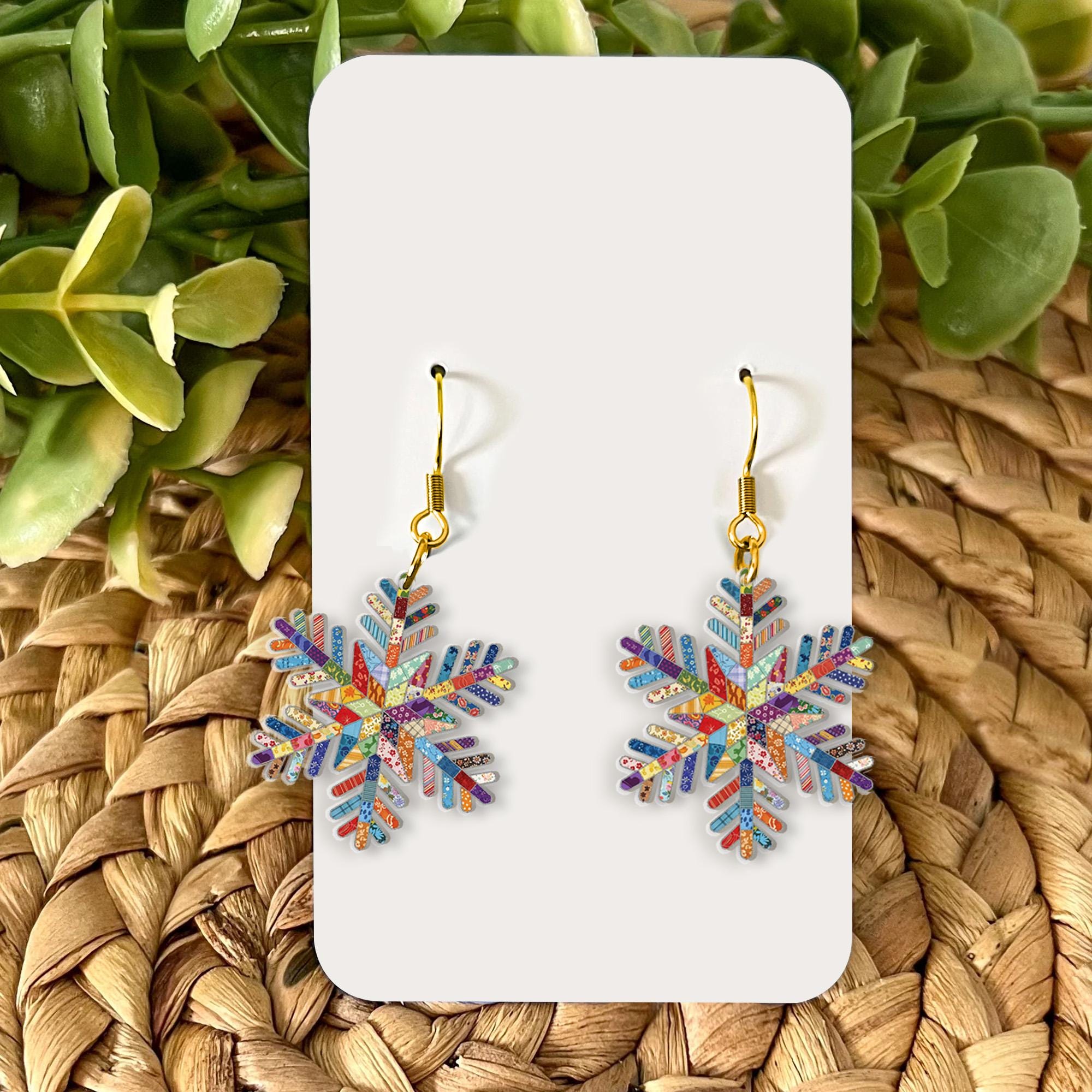 Faux Patchwork Snowflake Earrings: Acrylic Winter Jewelry, Colorful Pattern Design, Lightweight Holiday Accessory image 1