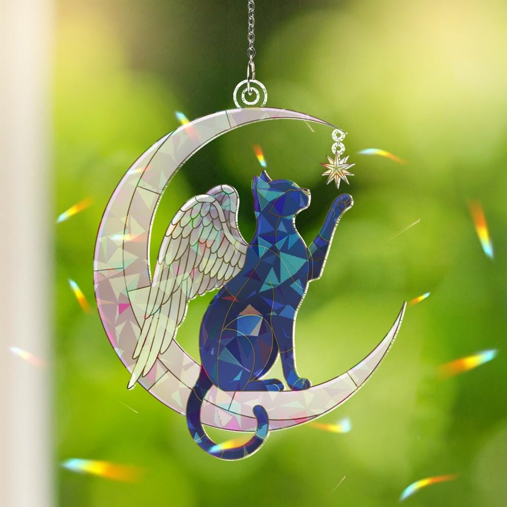 Angel Cat Memorial Window Hanging – Celestial Moon Suncatcher Pet Loss Gift image 1