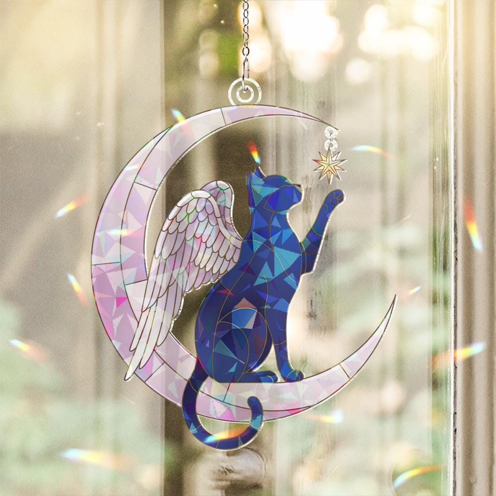 Angel Cat Memorial Window Hanging – Celestial Moon Suncatcher Pet Loss Gift image 4