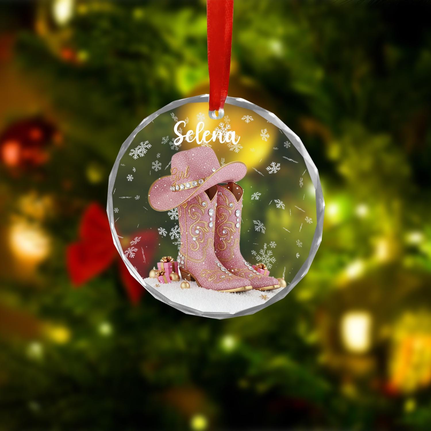Personalized Cowgirl Ornament – Pink Western Boots Christmas Decoration Gift image 1