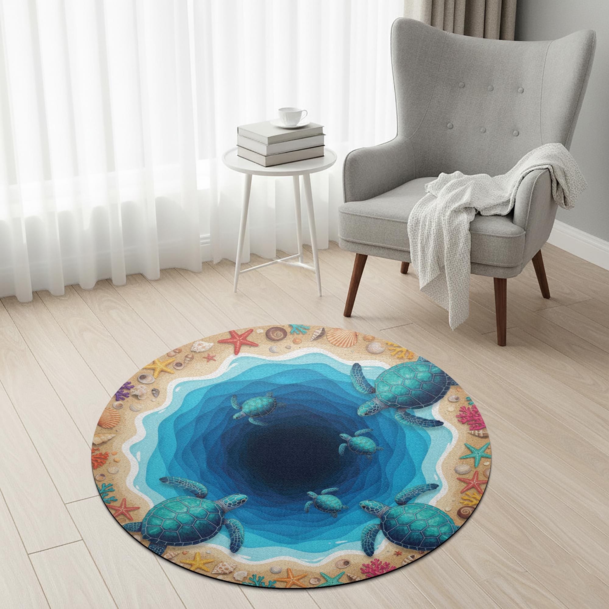 Round Sea Turtle Rug – Ocean Blue Turtle Print Floor Mat image 2