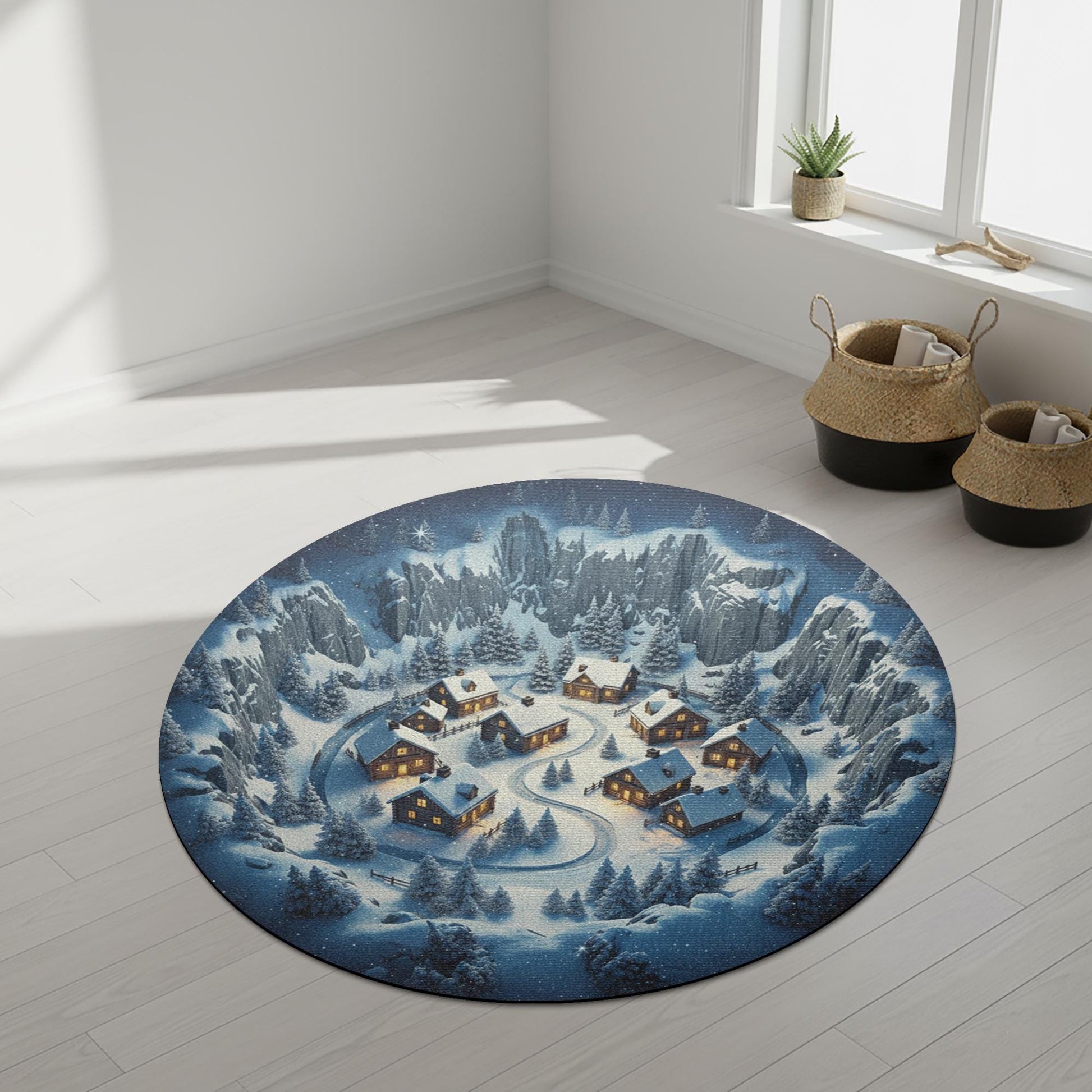 Winter Village Round Rug – Snowy Mountain Cabins Holiday Decor image 3