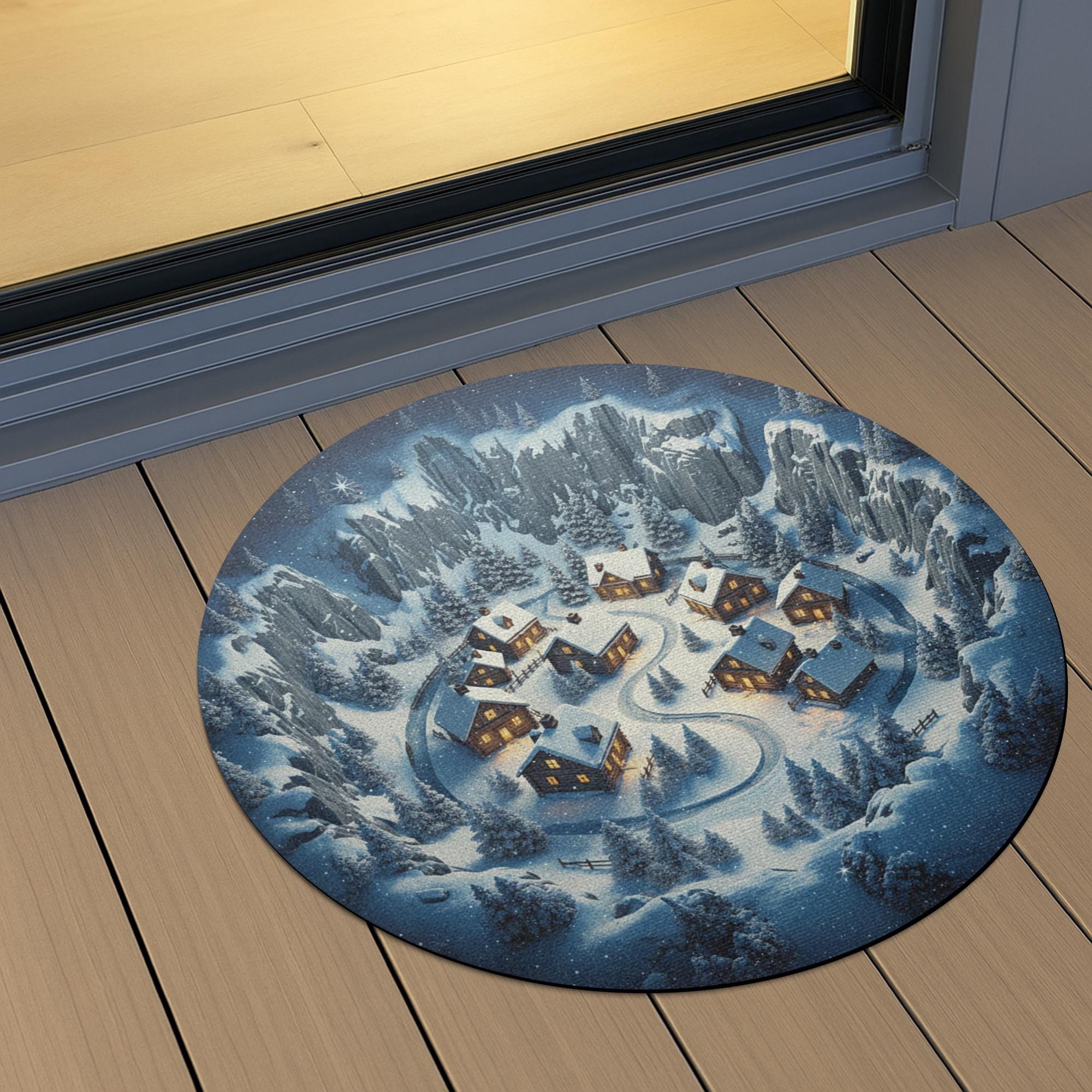 Winter Village Round Rug – Snowy Mountain Cabins Holiday Decor image 6