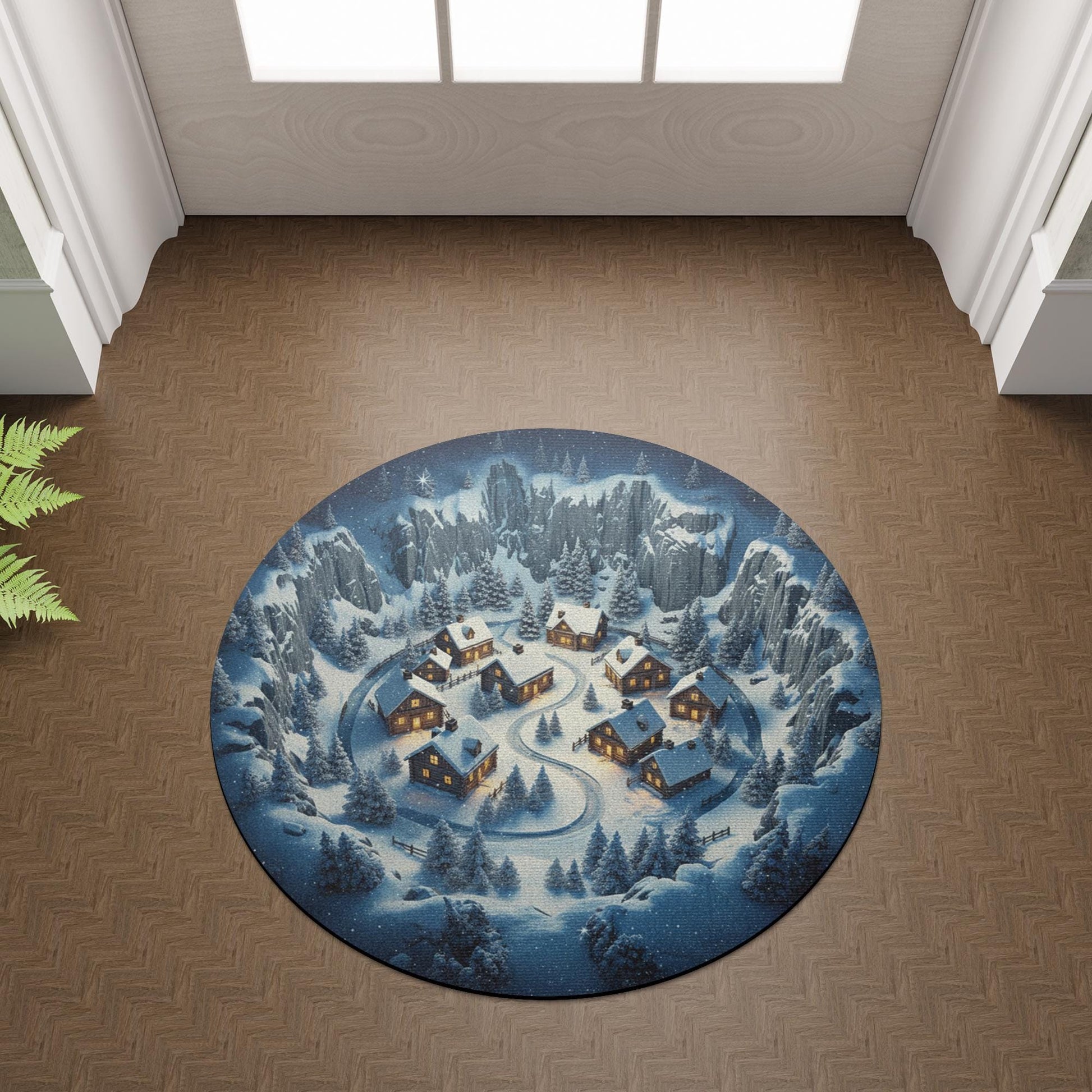 Winter Village Round Rug – Snowy Mountain Cabins Holiday Decor image 7