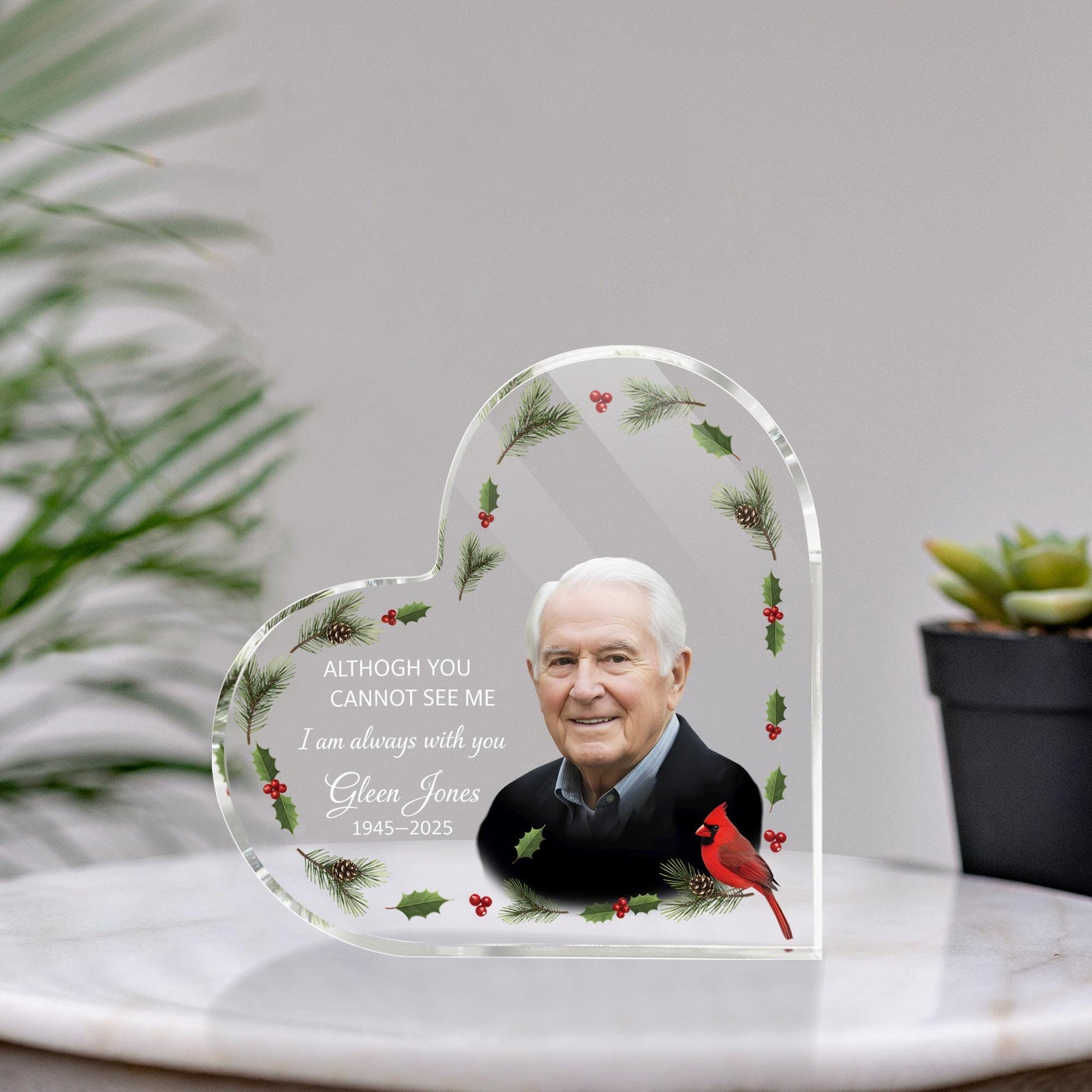 Personalized Acrylic Plaque: Memorial Heart Design, Cardinal and Pine Accents image 1