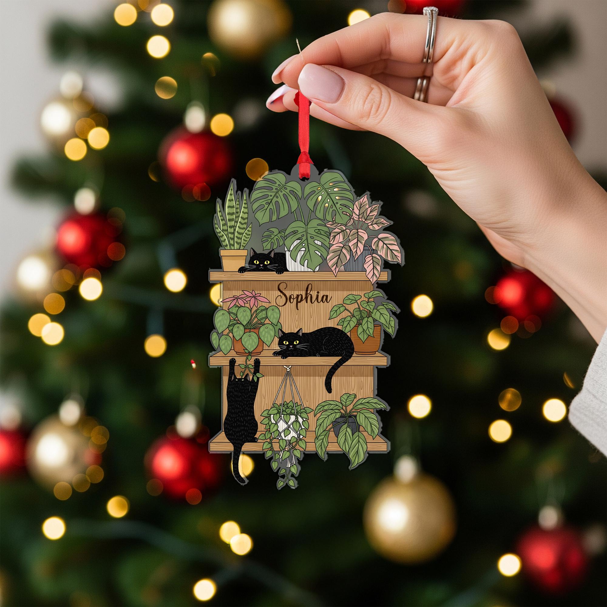 Personalized Black Cat Plant Shelf Acrylic Ornament: Custom Name Cat Mom Gift image 2