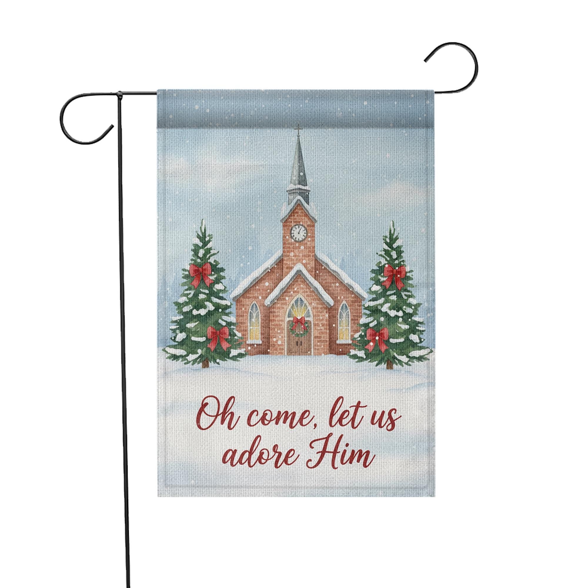 Religious Christmas Garden Flag - Church Scene Winter Decor, Adore Him Yard Sign image 2