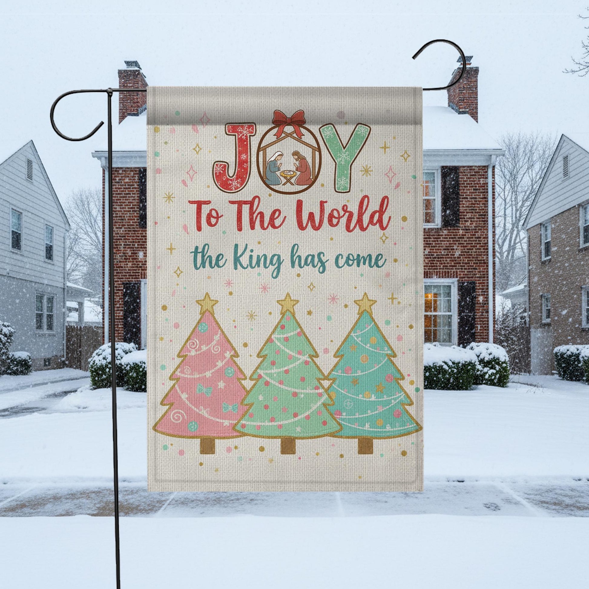 JOY to the World Garden Flag – Nativity Christmas Yard Decor with Trees & Snowman image 6