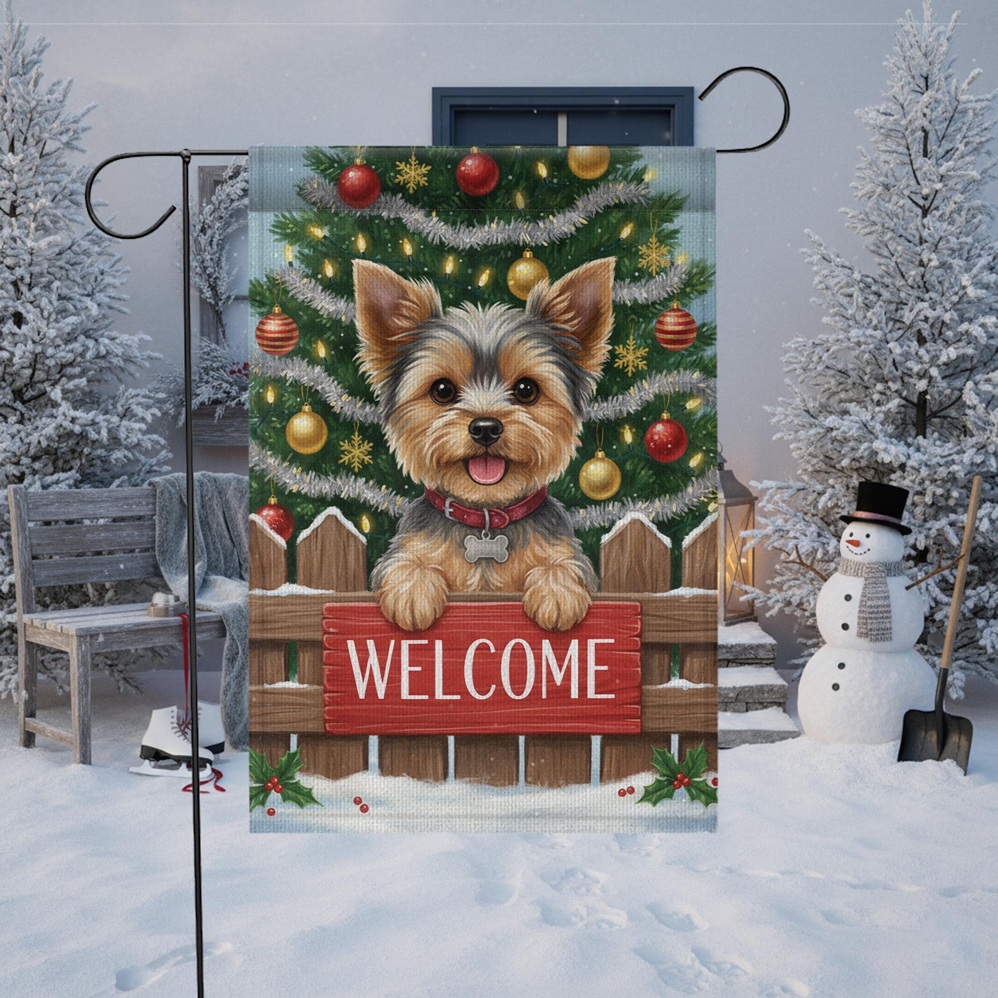 Yorkie Christmas Garden Flag – Festive Dog Welcome Yard Decor with Tree & Snow image 1