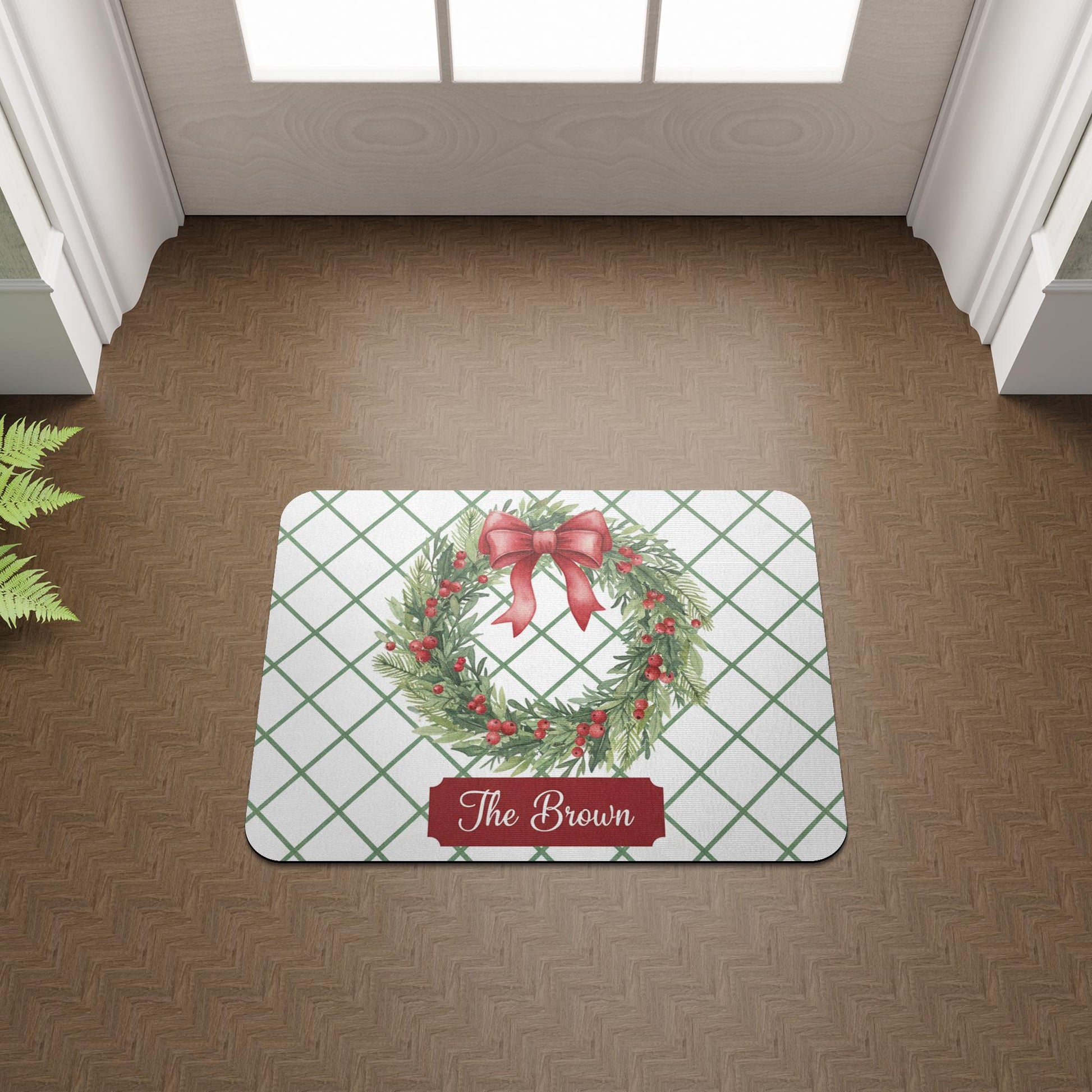 Personalised Doormat – Holiday Wreath Print, Evergreen Red Bow Grid Design image 7
