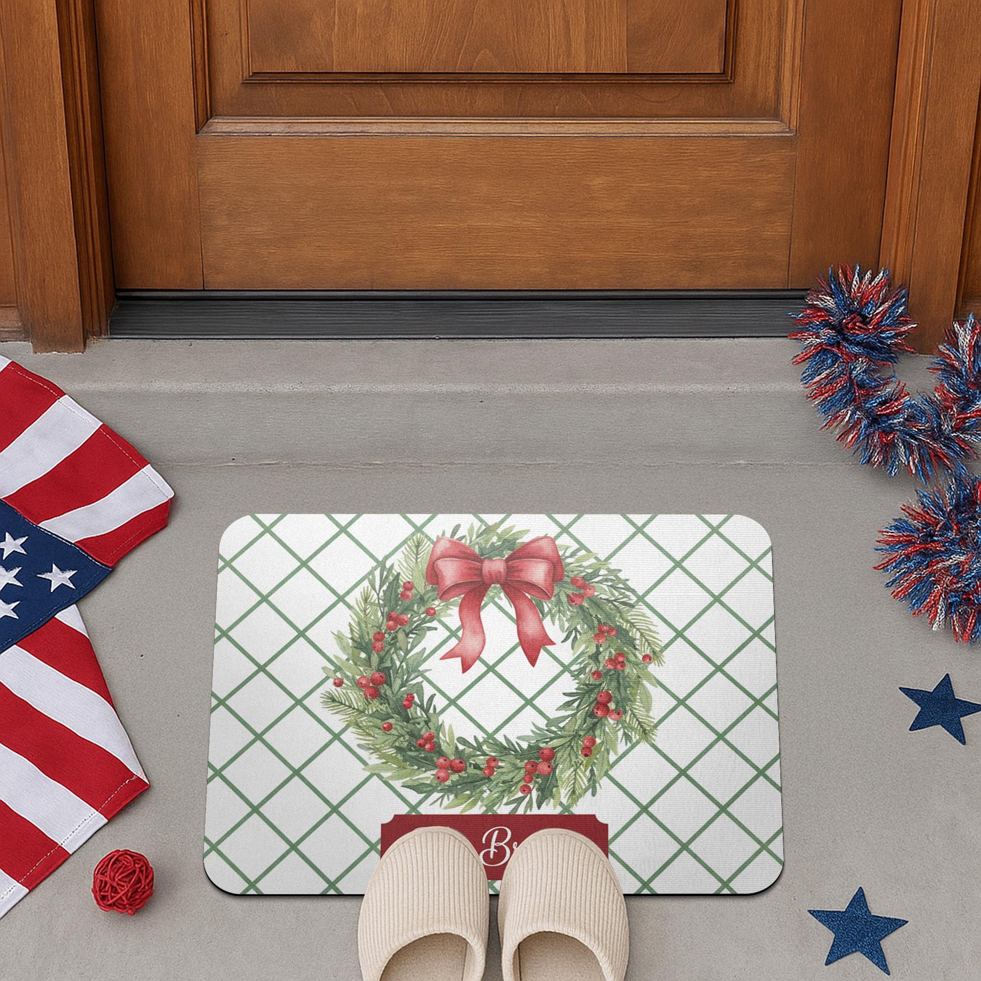 Personalised Doormat – Holiday Wreath Print, Evergreen Red Bow Grid Design image 6