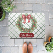 Personalised Doormat – Holiday Wreath Print, Evergreen Red Bow Grid Design image 1