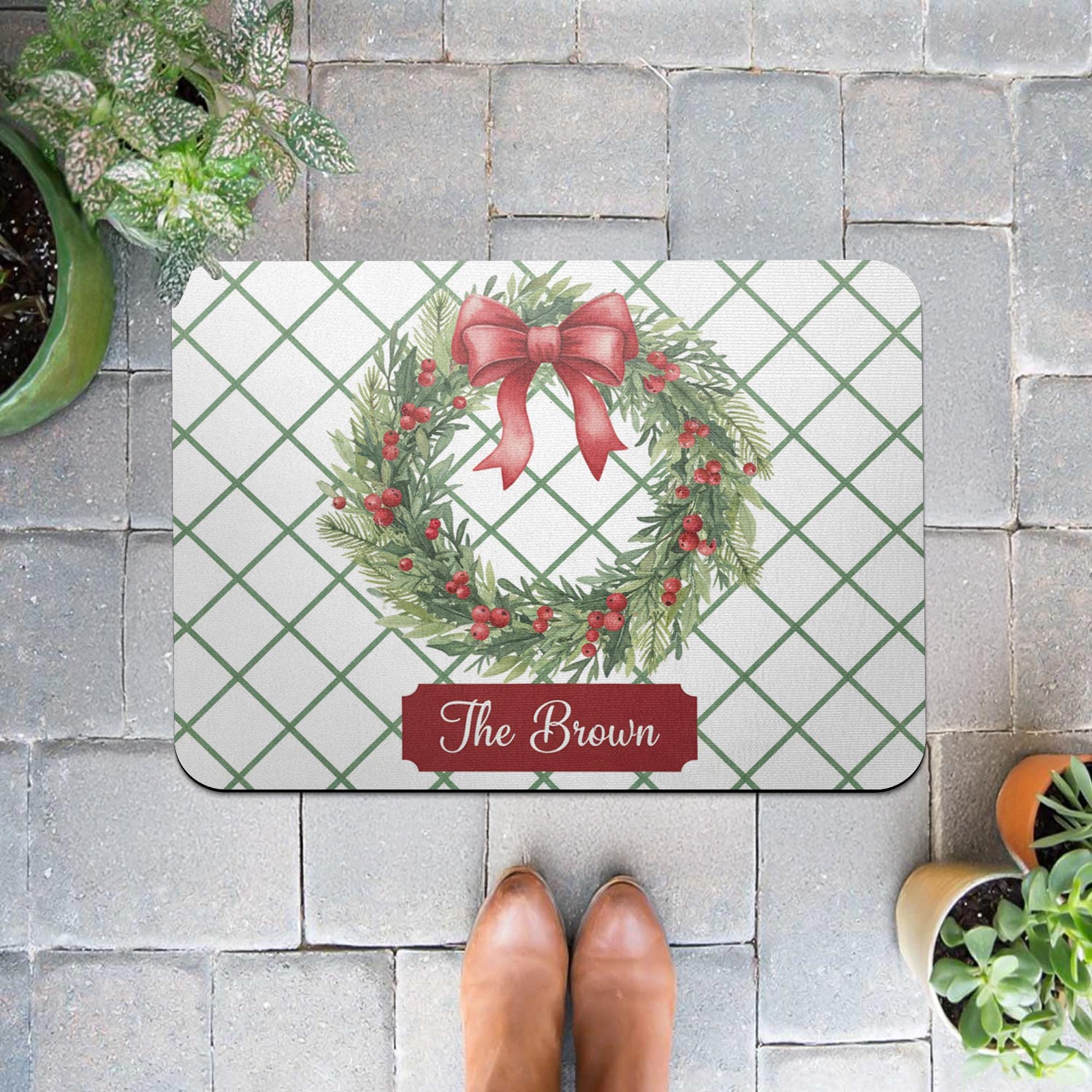 Personalised Doormat – Holiday Wreath Print, Evergreen Red Bow Grid Design image 1