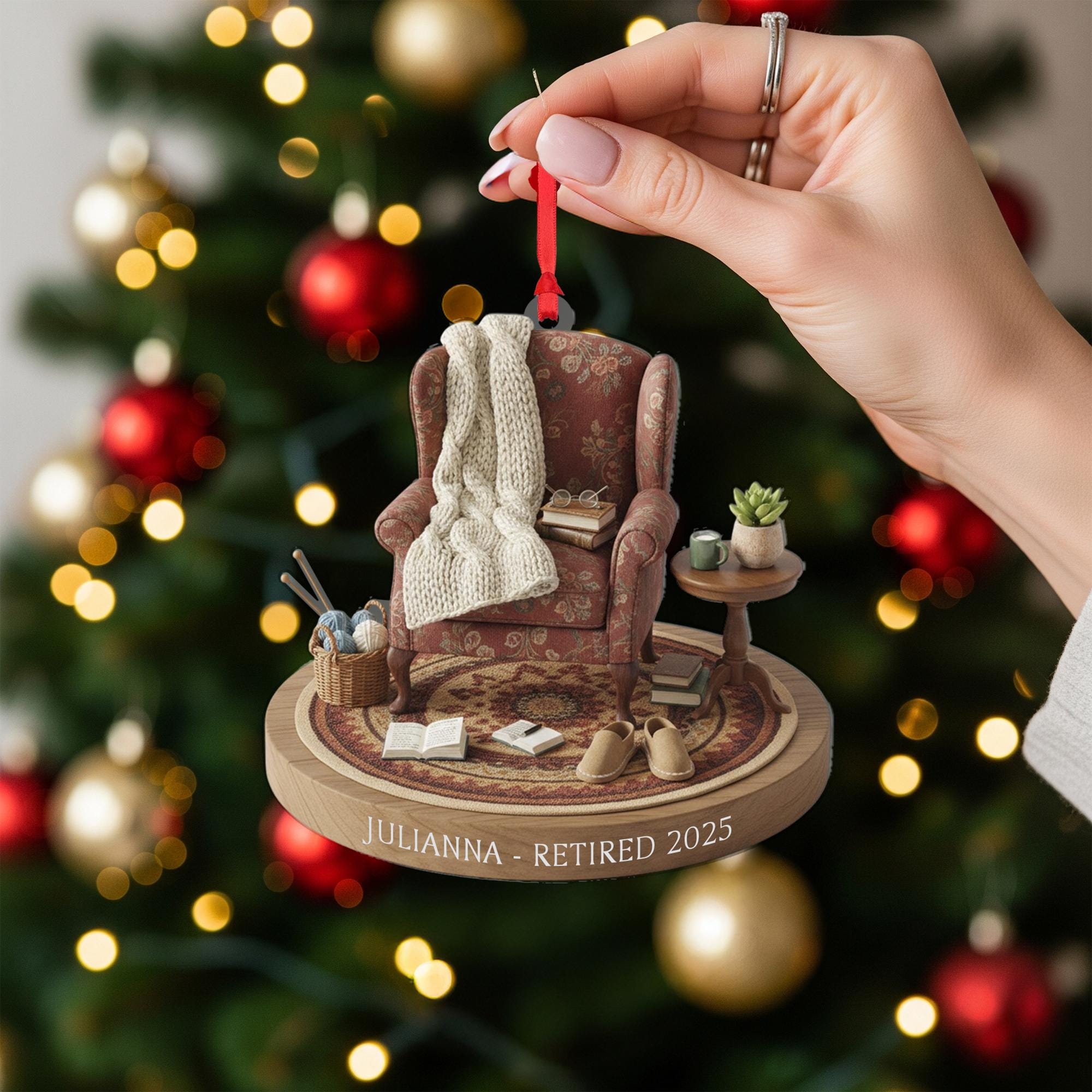 Personalized Retirement Ornament – Display Chair Scene with Name & Year image 1