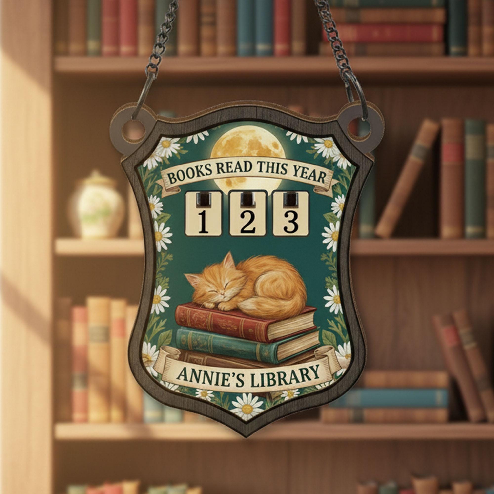 Books Read Tracker – Hanging Library Sign with Flip Counter & Cat Illustration image 1