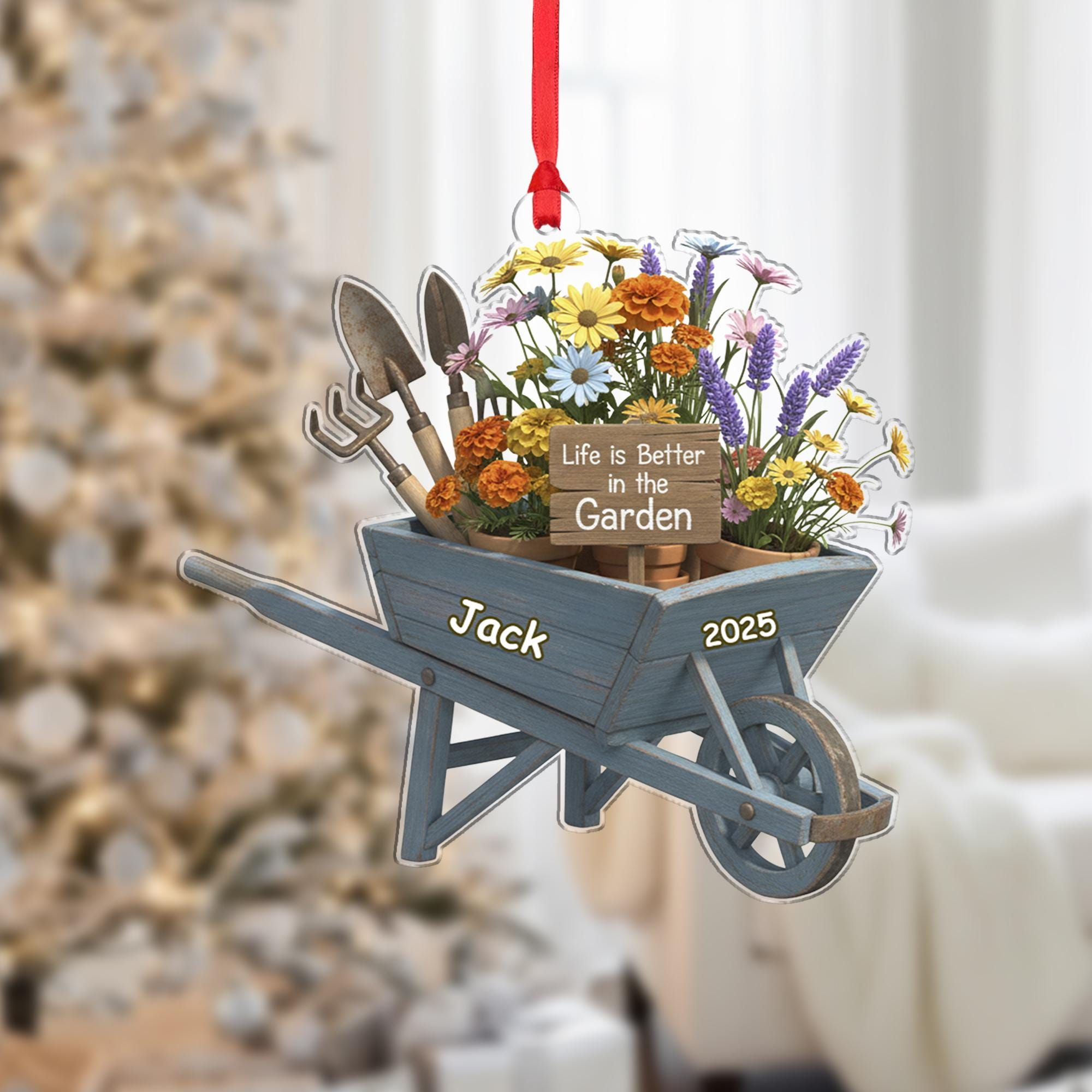 Personalized Garden Wheelbarrow Ornament – Custom Flower Cart Tree Decoration Keepsake image 1