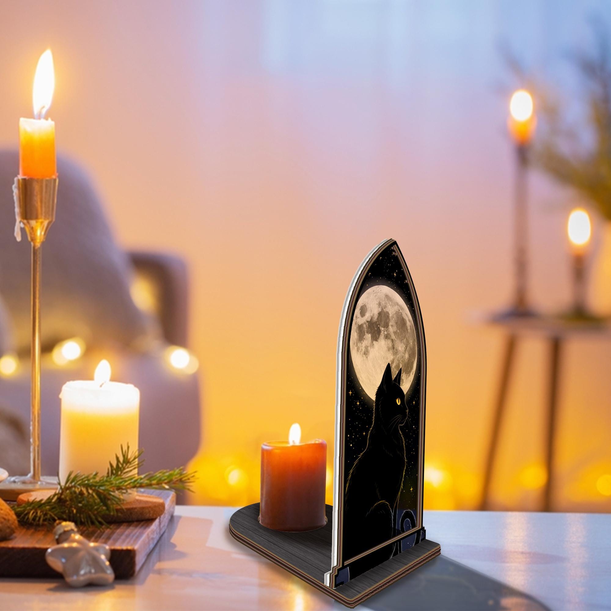 Black Cat & Full Moon Candle Holder Ornament – Gothic Christmas Table Accent image 2