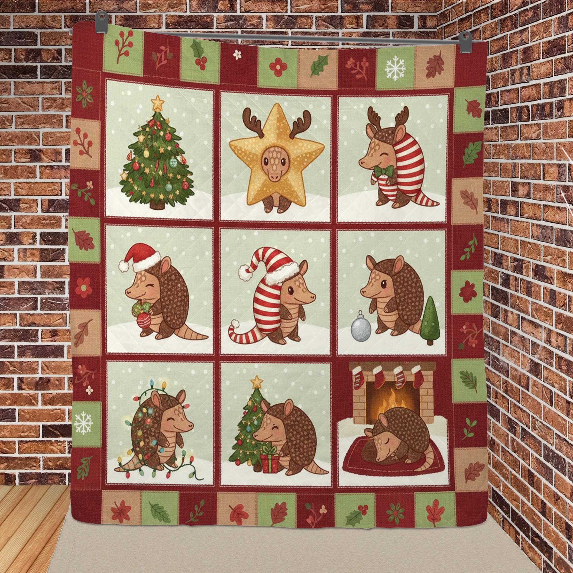 Armadillo Quilt Blanket, Christmas Cartoon Animal Throw, Holiday Nine Patch Bedding Decor image 2