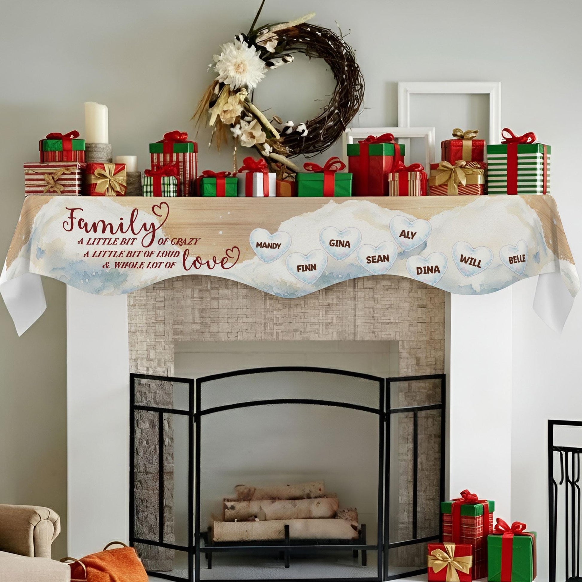 Custom Polyester Mantel Scarf: Personalized Snow Family Name Banner - Winter Fireplace Drape image 1