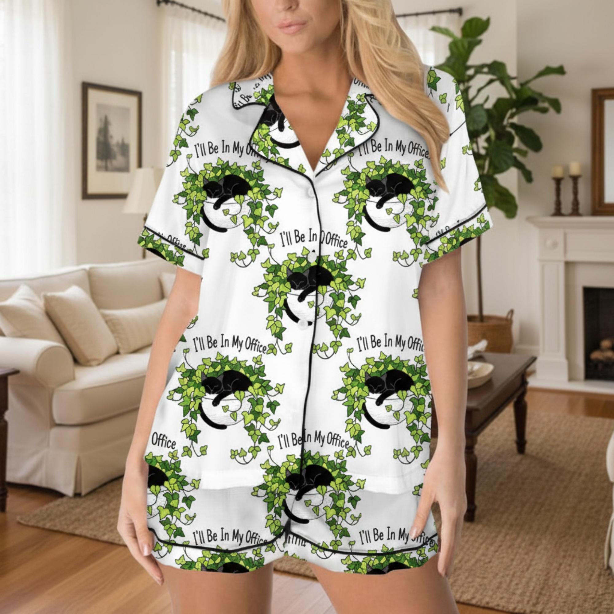 Ivy Plant & Cat Satin Pajama Set – Short Sleeve Button Sleepwear image 2