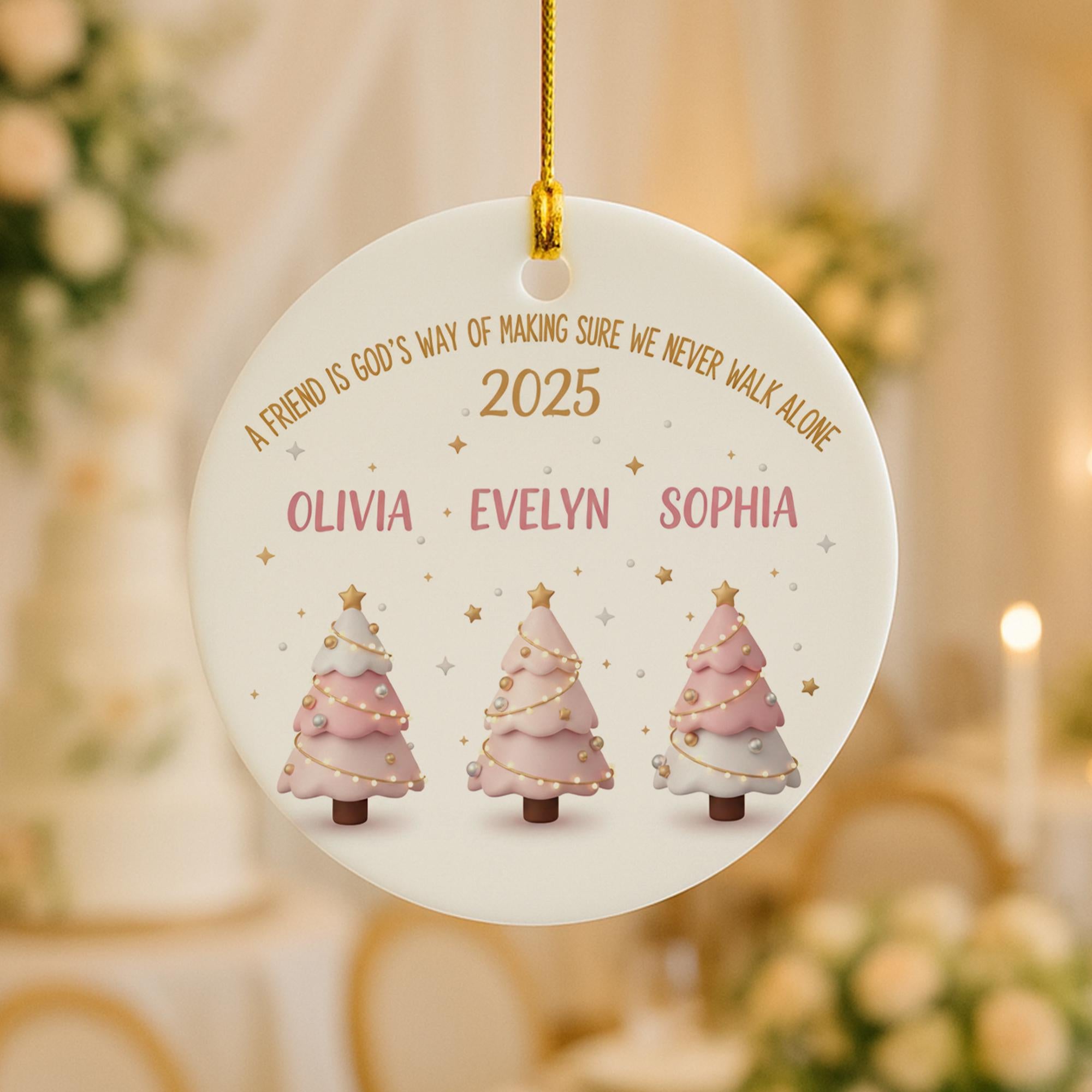 Personalized Friend Group Ornament, Custom Names 2025 Ceramic Keepsake, Pink Christmas Trees image 1