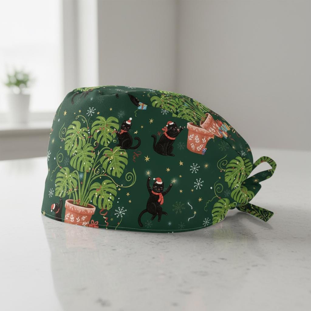 Cotton Scrub Cap: Christmas Black Cat Print, Monstera Pattern, Nurse Wear image 2